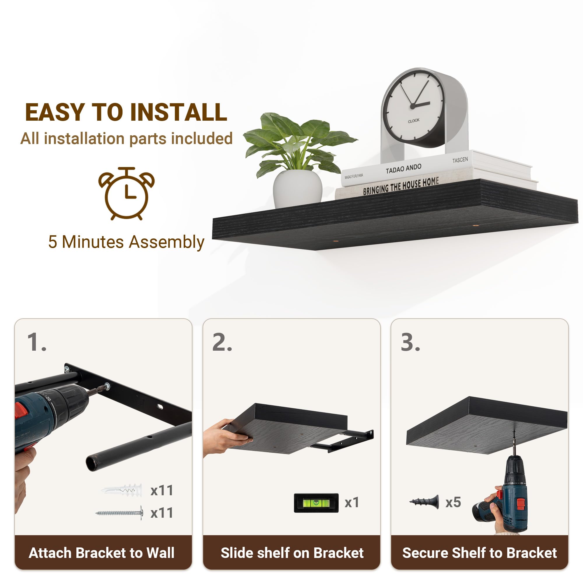 Acovy Lot de 2 étagères murales flottantes en bois pour salon, salle de bain, chambre à coucher, cuisine - 23,5 cm de profondeur - 80 cm de long - Noir