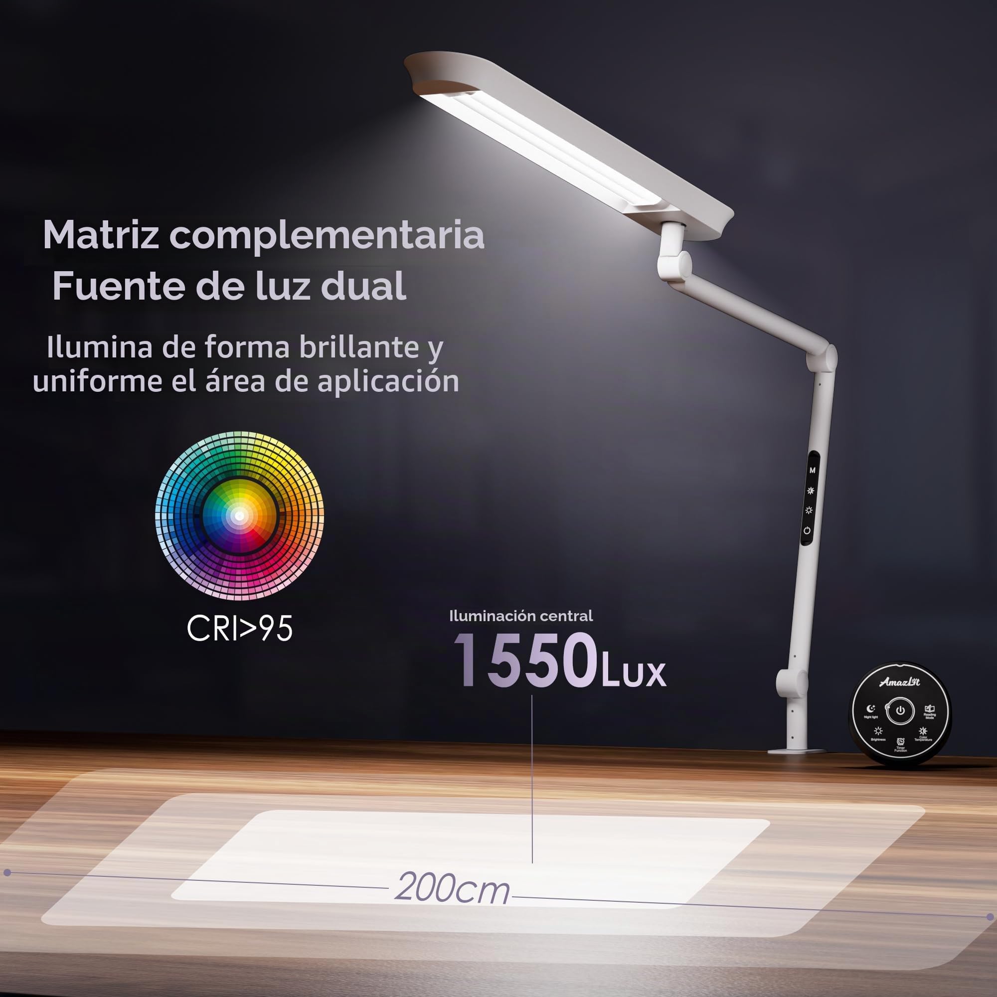 AmazLit Lámpara Escritorio, Lámpara de Escritorio LED con Abrazadera,18W Atenuación y Temperatura de Color Ajustable,Lámpara de Arquitecto Moderno con Función de Memoria para Hogar, Oficina,Blanco