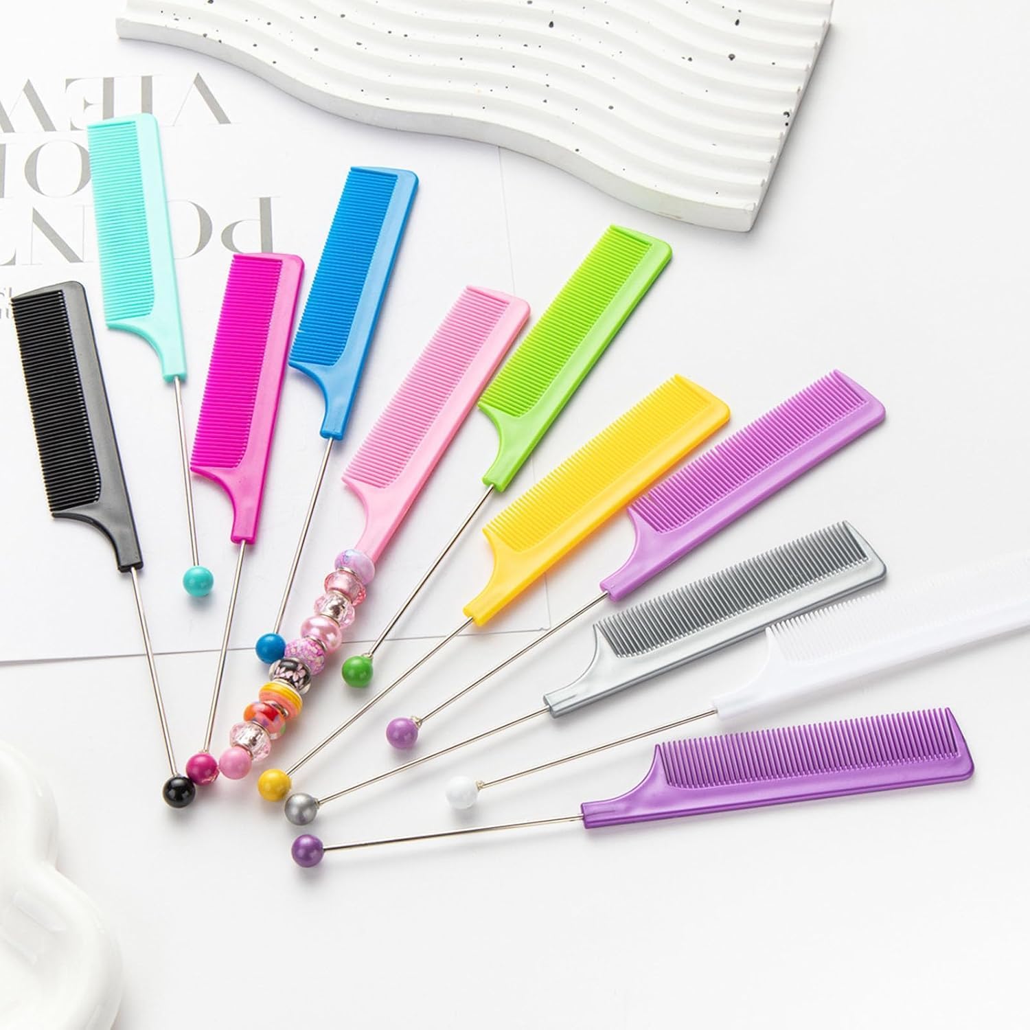 10 Pack Beadable Combs DIY with 10 Pack Beadable Handheld Mirrors Set Plastic Rat Tail Hand Handle for Crafts Portable Cute Travel Makeup Mirror Round, Colorful