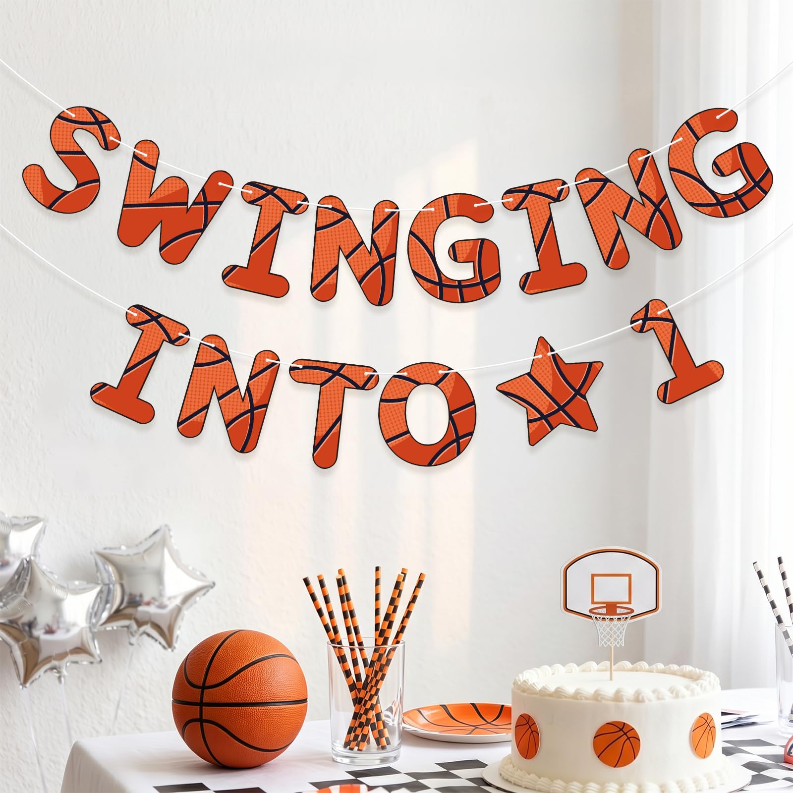 Basketball Theme 1st Birthday Banner, Pre-Strung Hanging Swinging Into 1 Party Decorations Banners for Boys Girls Indoor Outdoor Celebration Supplies — image 1