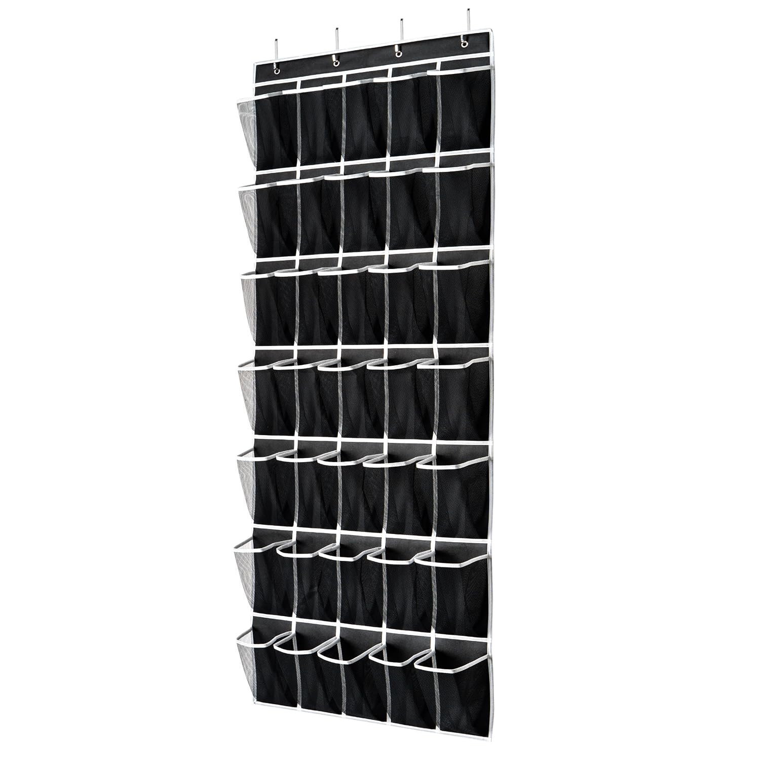 SAVERHO 35 Pockets Over the Door Shoe Organizer, Hanging Shoe Organizer for Door with 35 Mesh Pockets Large Capacity Shoe Hanging Storage Bag with 4 Metal Hooks (Black-1Pack)