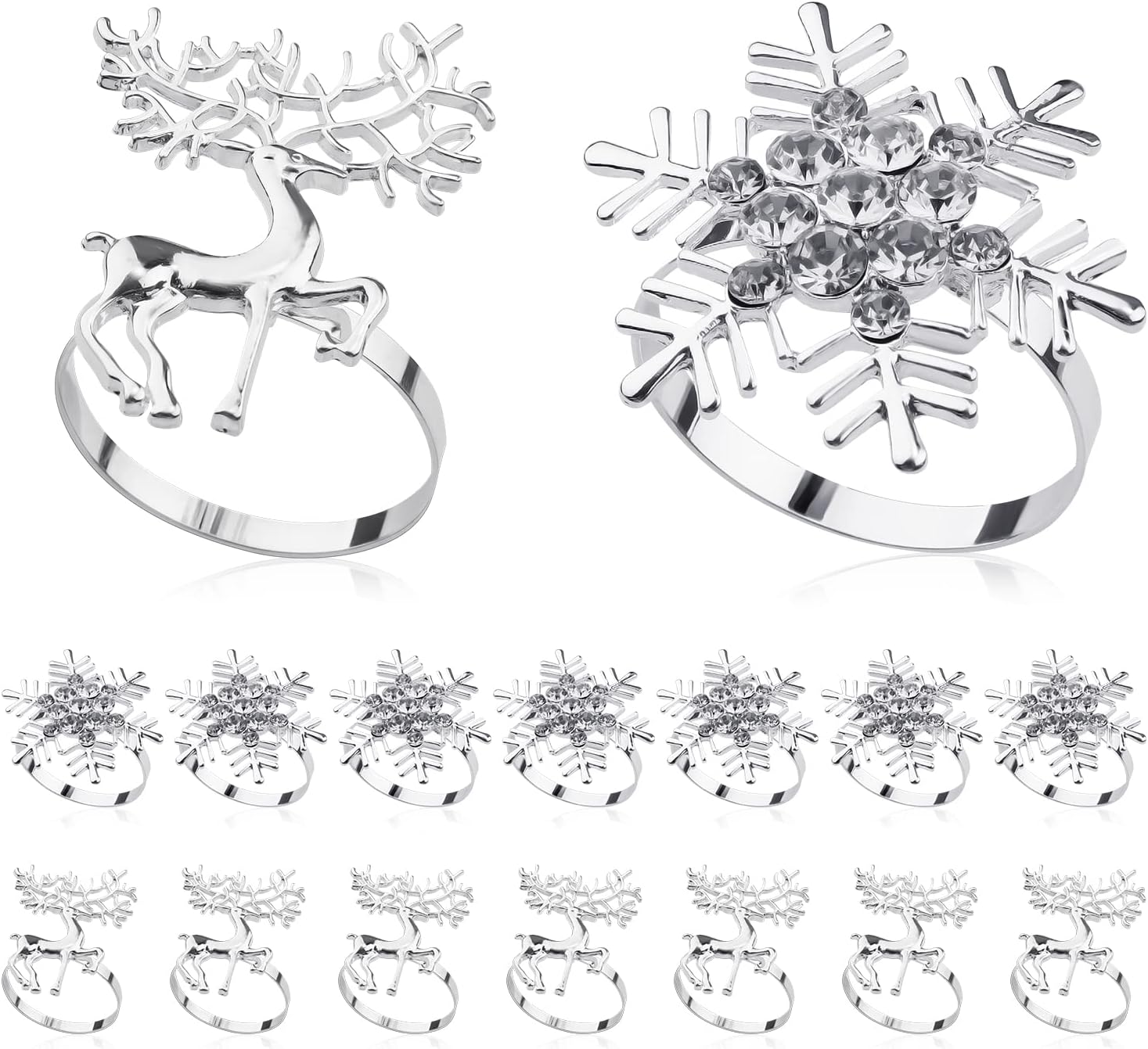 AIEX 16pcs Silver Christmas Napkin Rings, 8pcs Silver Snowflake Napkin