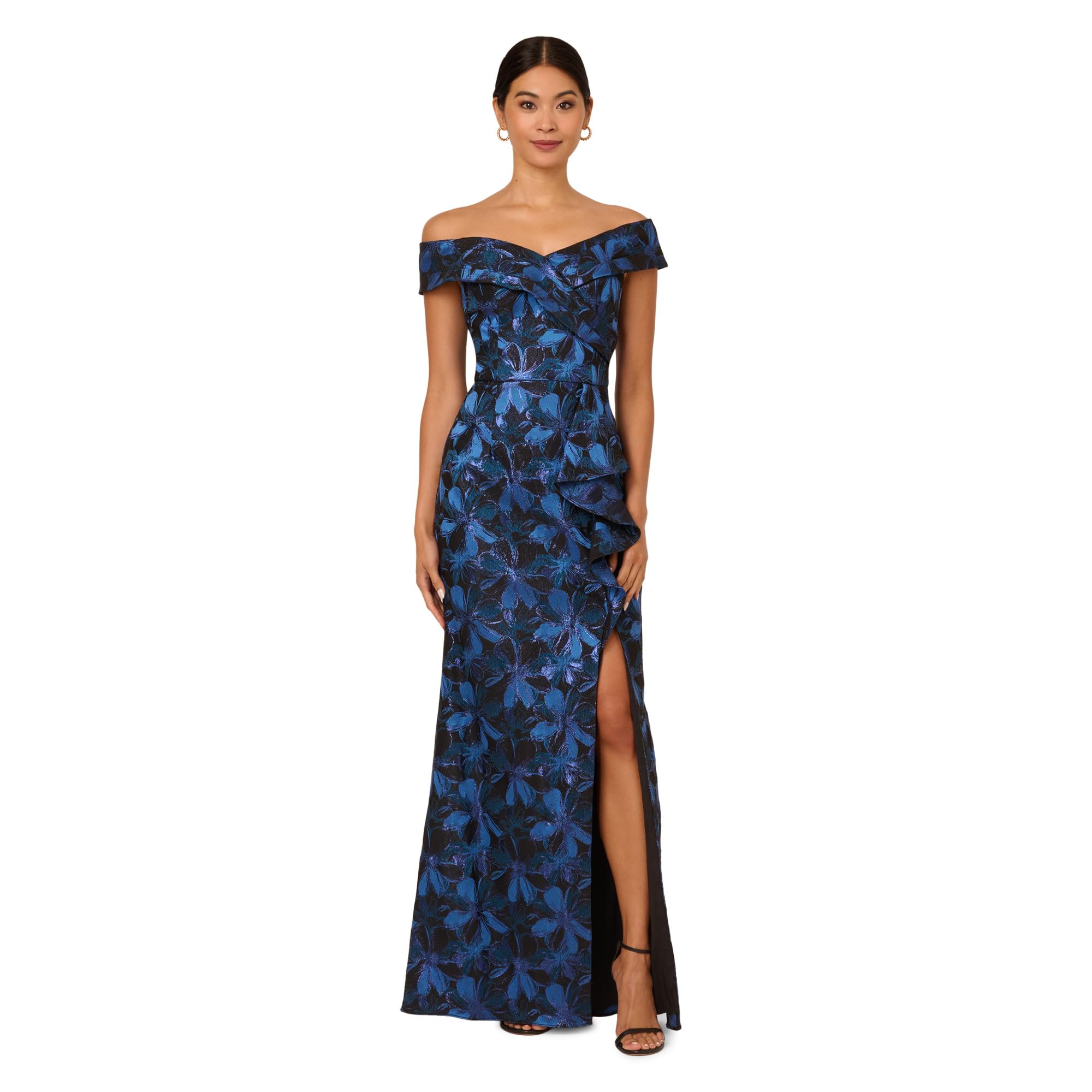 Adrianna Papell Women's Off Shoulder Jacquard Gown, Blue Multi, 20