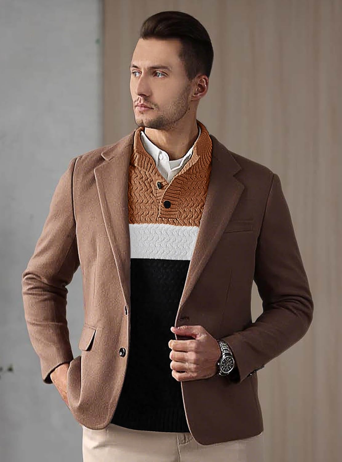 HYPESTFIT Men's Tri-Button Pullover Sweater Mock Neck Lightweight Casual Fashion Knitted Henley Sweater - Image 3