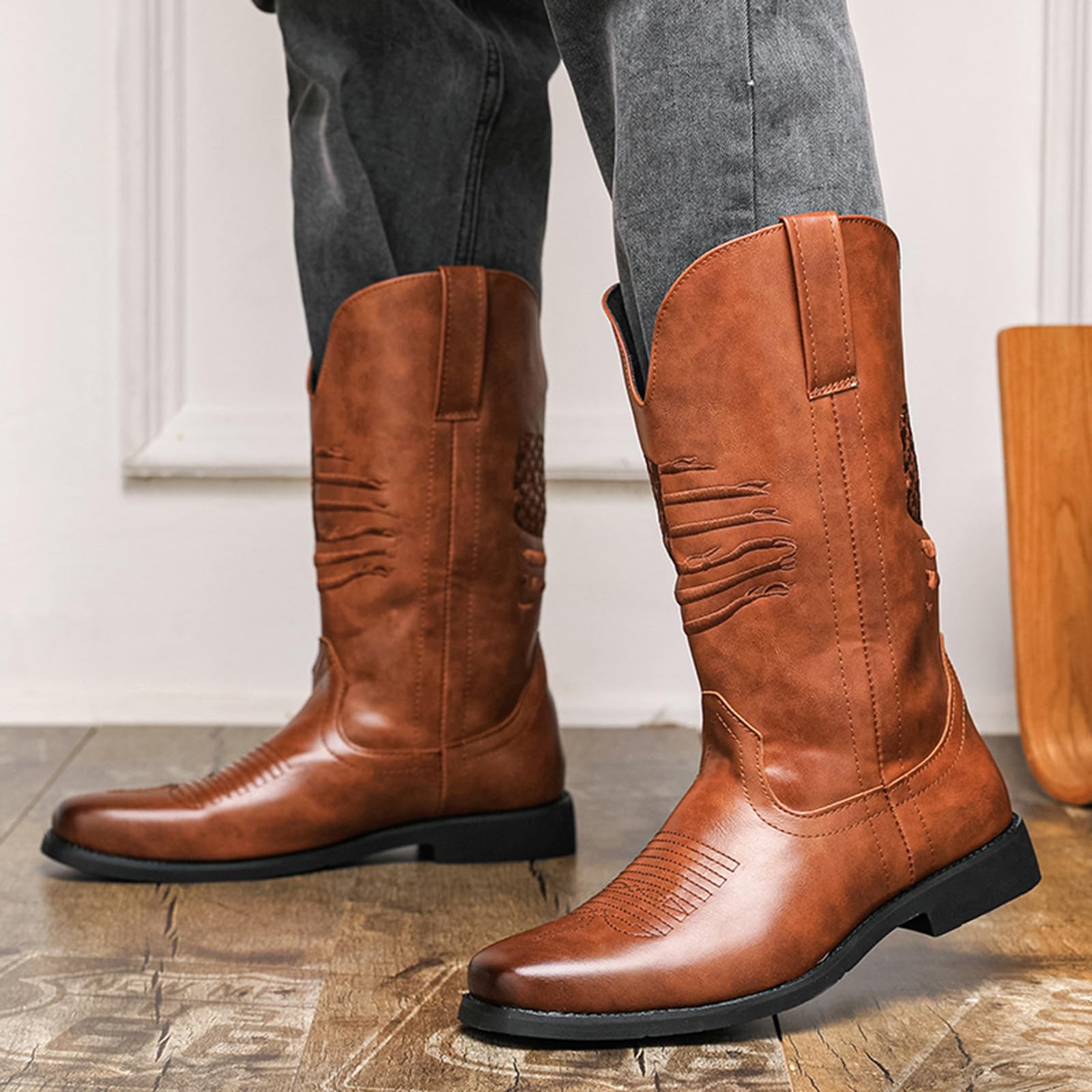 Stivali da Cowboy Western da Uomo Classici Ricamati | Stivali da Cavaliere a Metà Polpaccio in Pelle PU Rétro Stivali da con Suola in Gomma per Country Line Dance