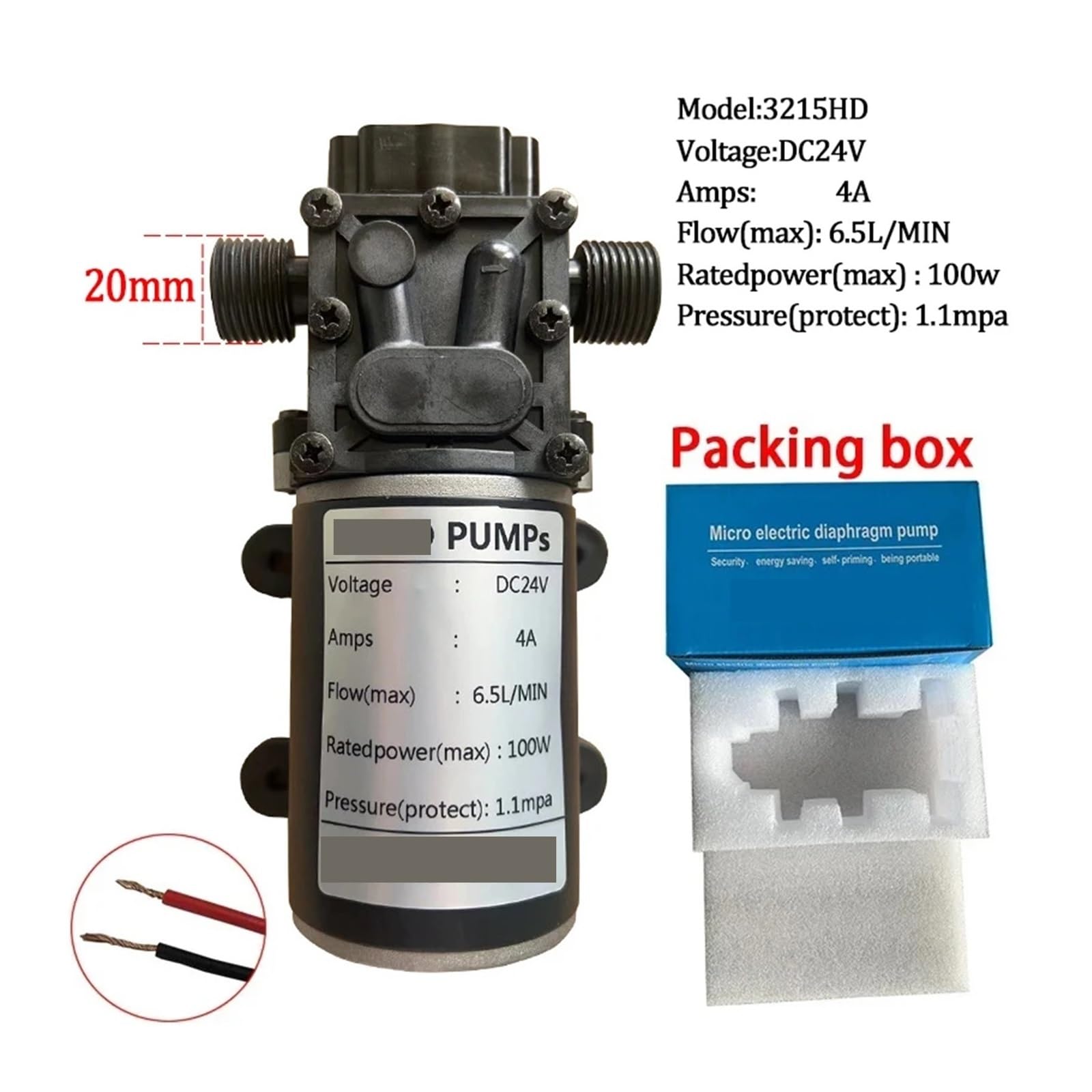 Pompa membranowa, 3215H Pompa wodna z zaworem zwrotnym, membraną, DC12V, 24V, 100W, 6,5 l/min, silnik metalowy, pompa zwrotną, dezynfekcja natryskowa(DC24V-100W-20mm)