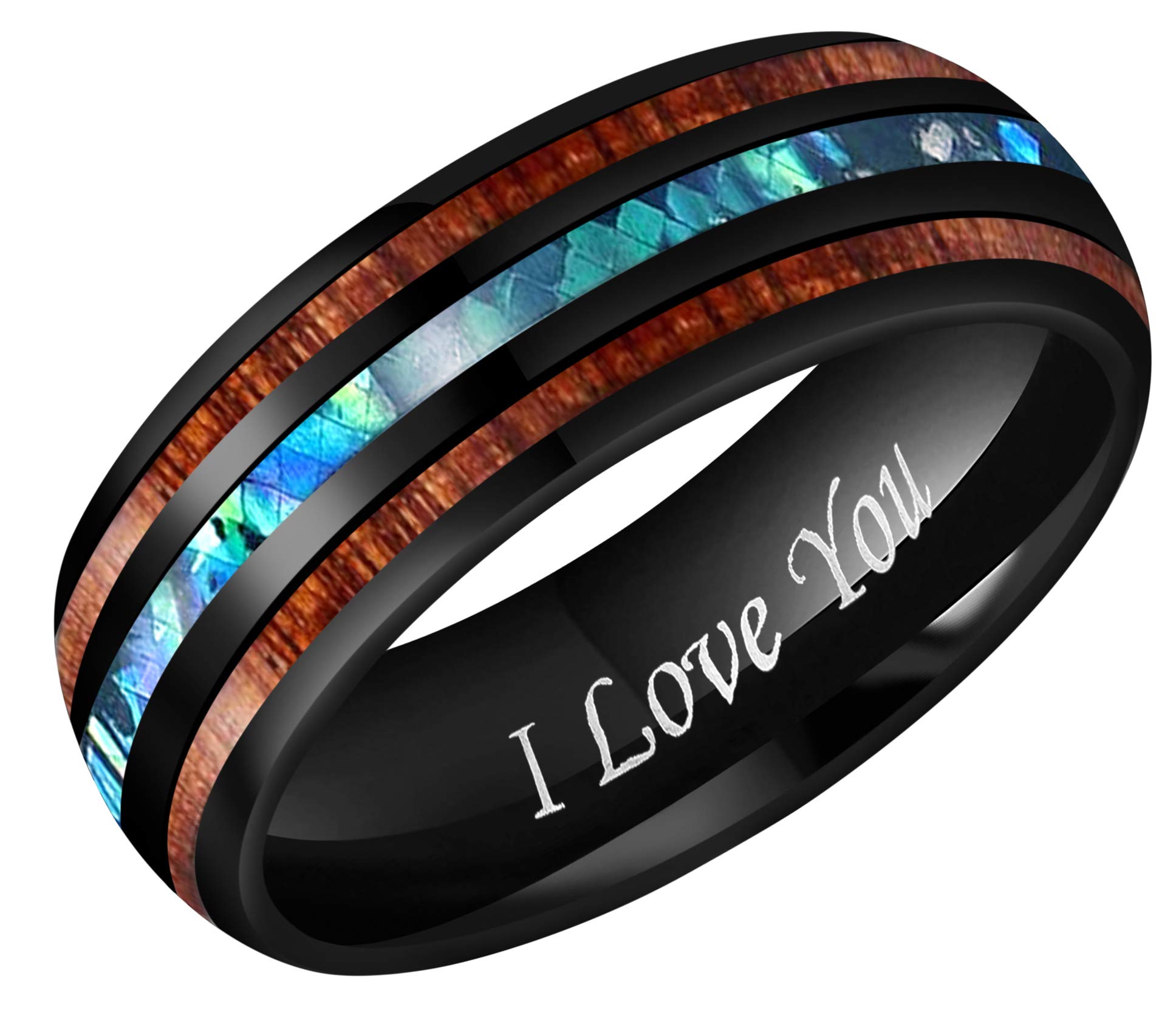 CROWNAL4mm 8mm Rare Koa Wood/Abalone Shell/Genuine Crushed Fire Opal Inlay Tungsten Carbide Ring Men Women Wedding Band High Polished Engraved I Love You Size 7 To 17