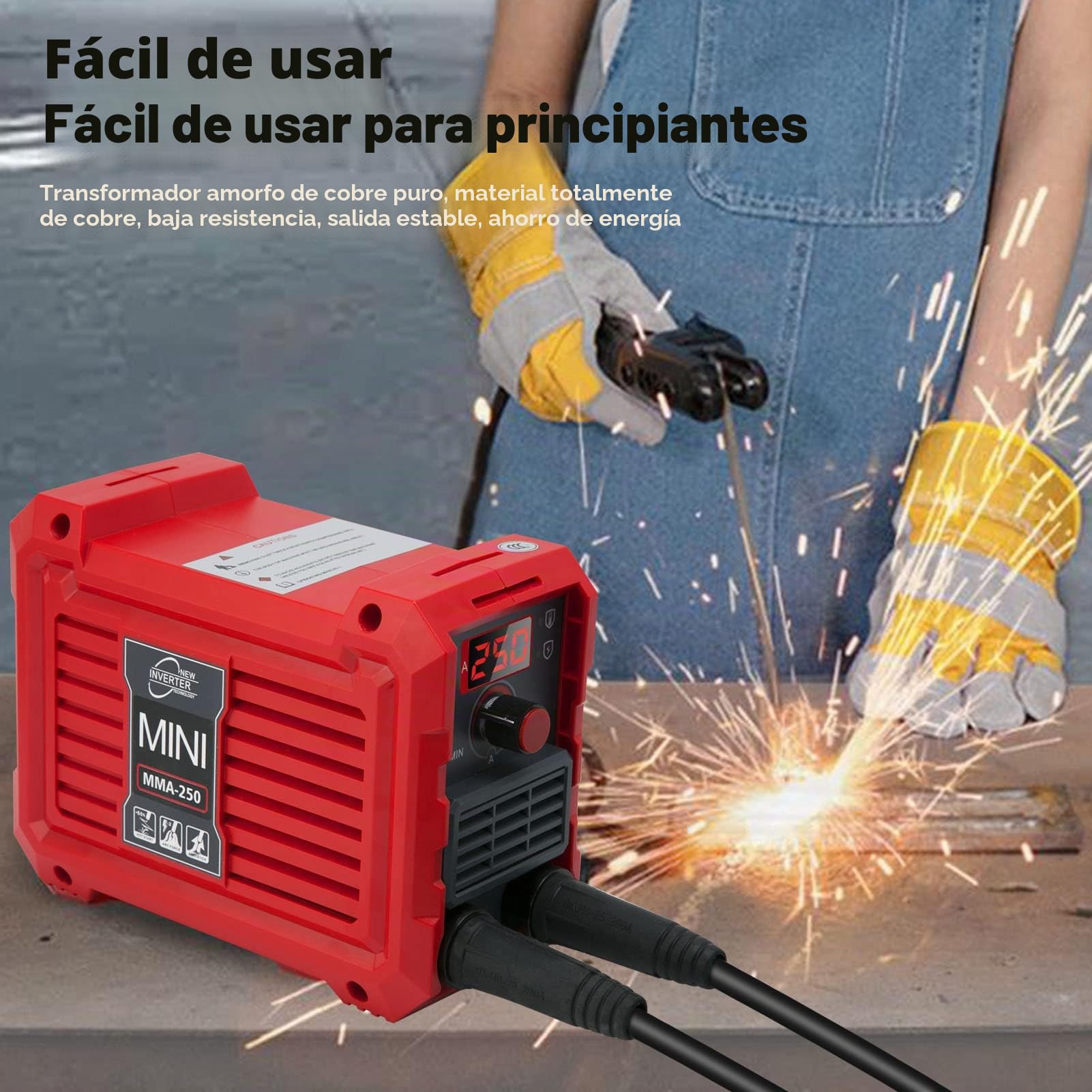 Máquina de Soldar MMA, Mini Soldador Inverter 250 A, Soldadora de Electrodos IGBT, Máquina de Soldar Portátil con Pantalla LCD, Refrigeración Inteligente, Protección contra Sobrecalentamiento