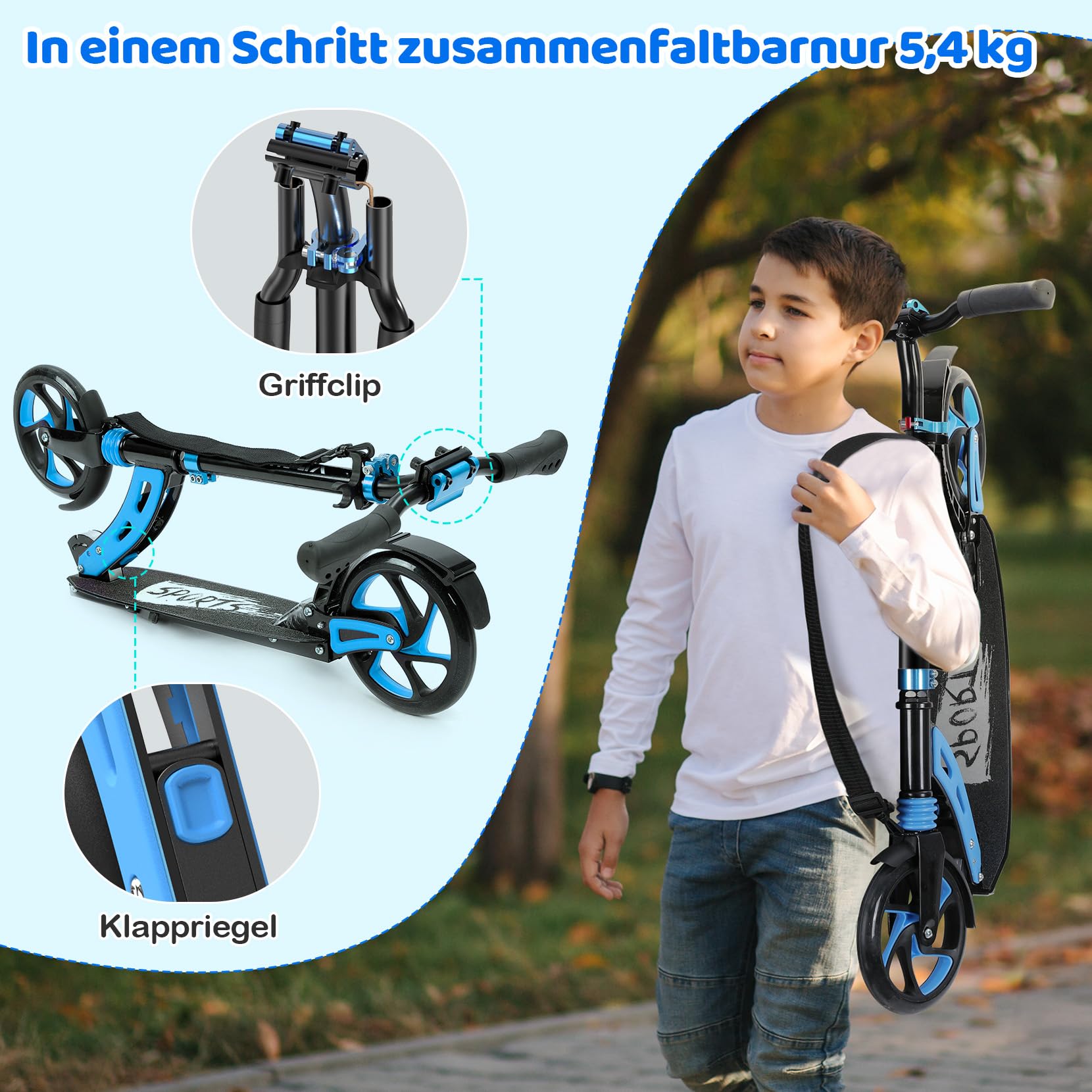 TONBUX Roller Kinder 6 7 8 9+Jahre,Aluminium Scooter Erwachsene,Cityroller Doppeltes Federungssystem, Höhenverstellbar&Klappbar Tretroller,Kickscooter bis 100kg Belastbar
