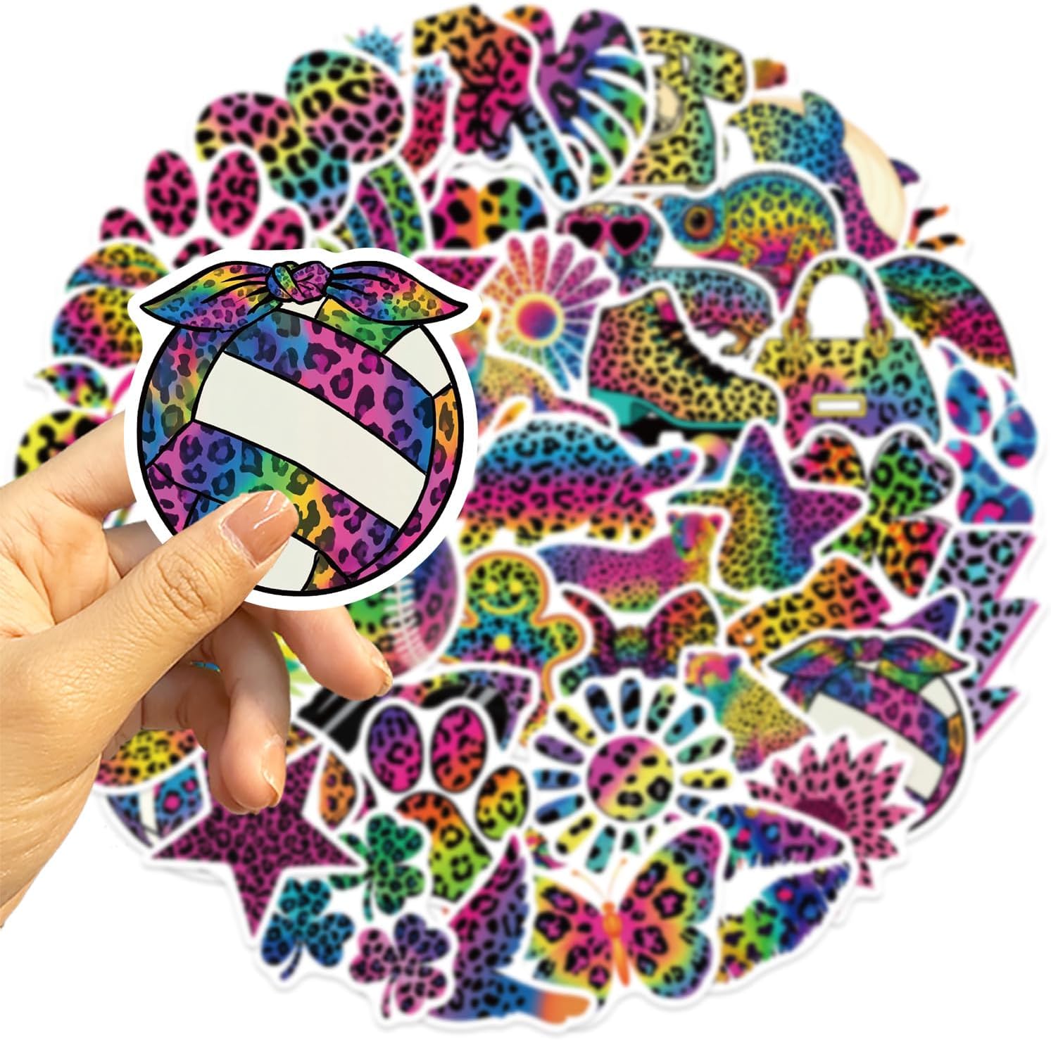 50 Pcs Rainbow Leopard Print Stickers, Colorful Retro Y2K Self‑Adhesive Paper Decals, Cool Wild Animal Rainbow Pattern Stickers for Journal Scrapbook Laptop Luggage Phone Case Water Bottle image 2