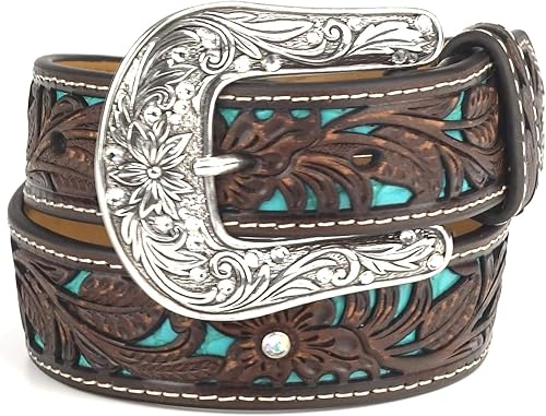 Miniatura 2 de ARIAT Cinturón floral marrón juvenil con incrustaciones de turquesa pintadas