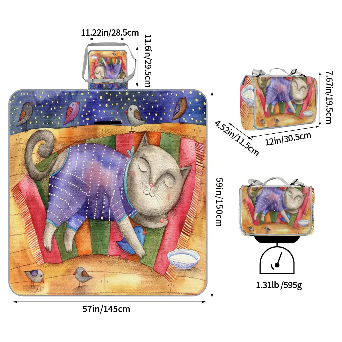 Shimoshe Picnic Blankets 57”x 59”, Vintage Cat Waterproof Sandproof Picnic Mat Lightweight Foldable Beach Blanket for Camping Park Grass Beach Outdoor Blanket