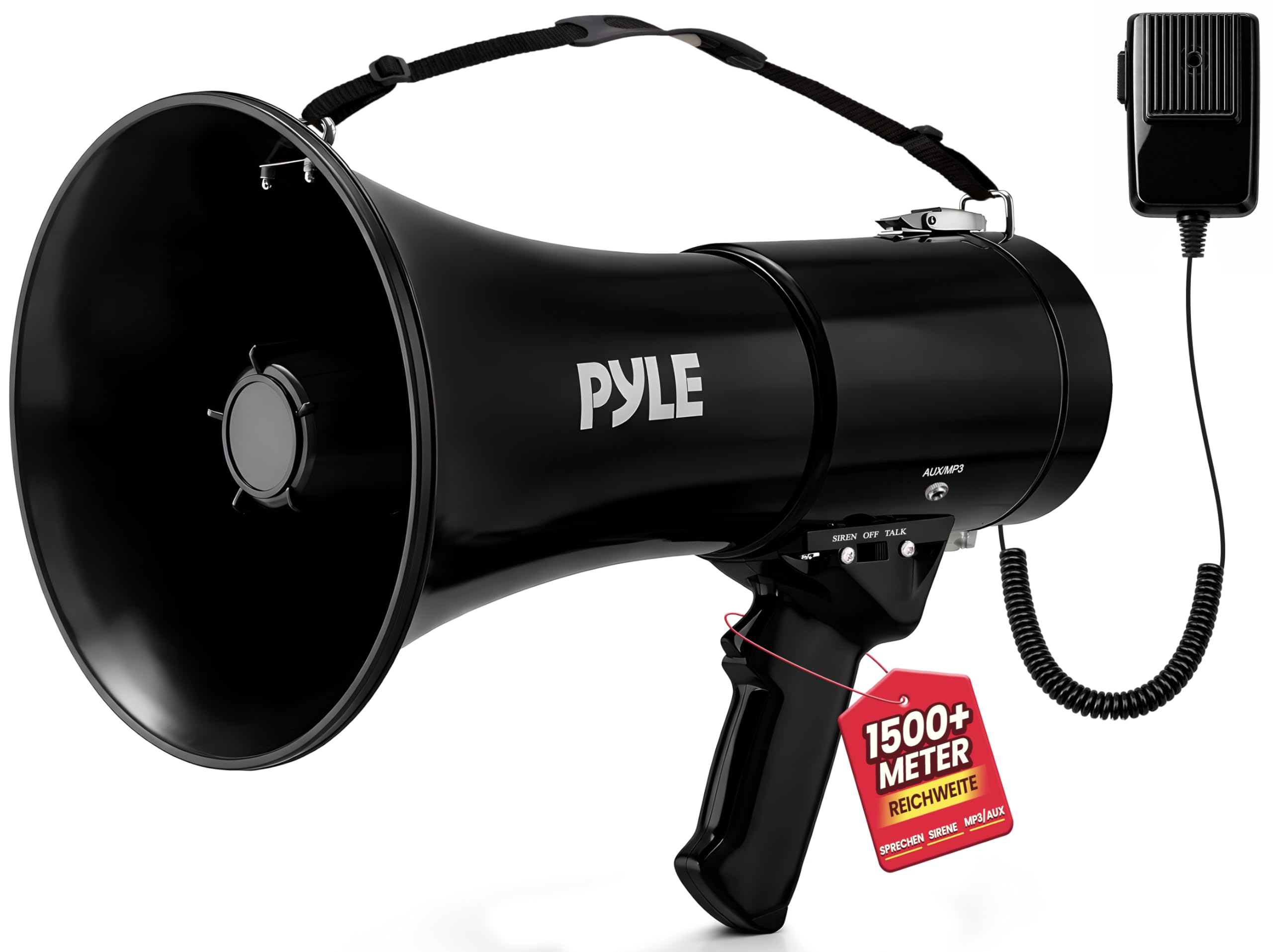 Pyle 50W Megafon mit Sirene & Mikrofon , Tragbar, Handmikrofon, 200m Reichweite Lautsprecher für Outdoor, Sport & Sicherheit Modellvarianten mit AUX/Recorder verfügbar