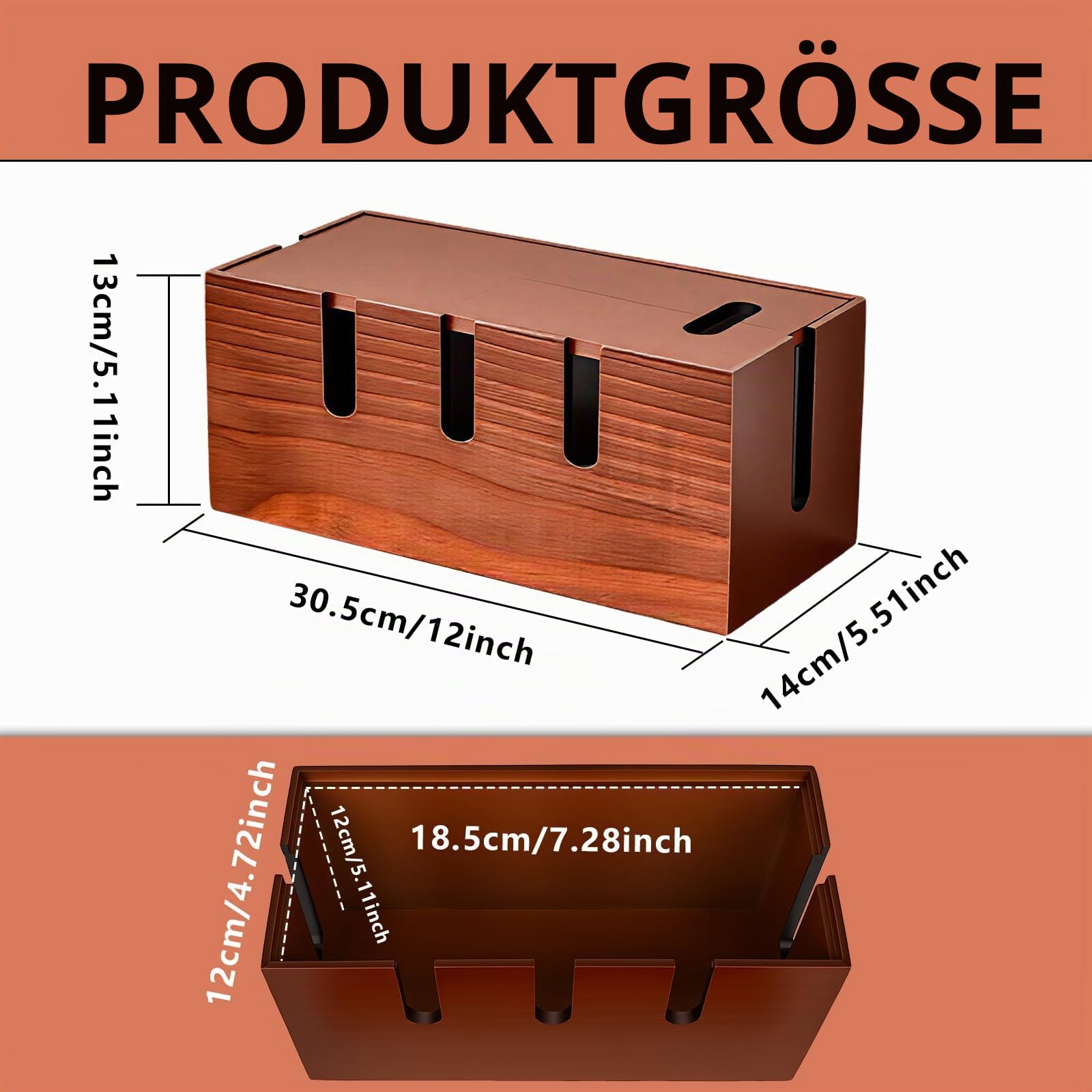 Kabelbox Holz Groß, Steckdosenbox Holz 30.5 * 14 * 13 cm, Verstecken Sie Steckdosenleisten, Atürliches Kirschholz für Drahtmanagement, Kabel Verstecken