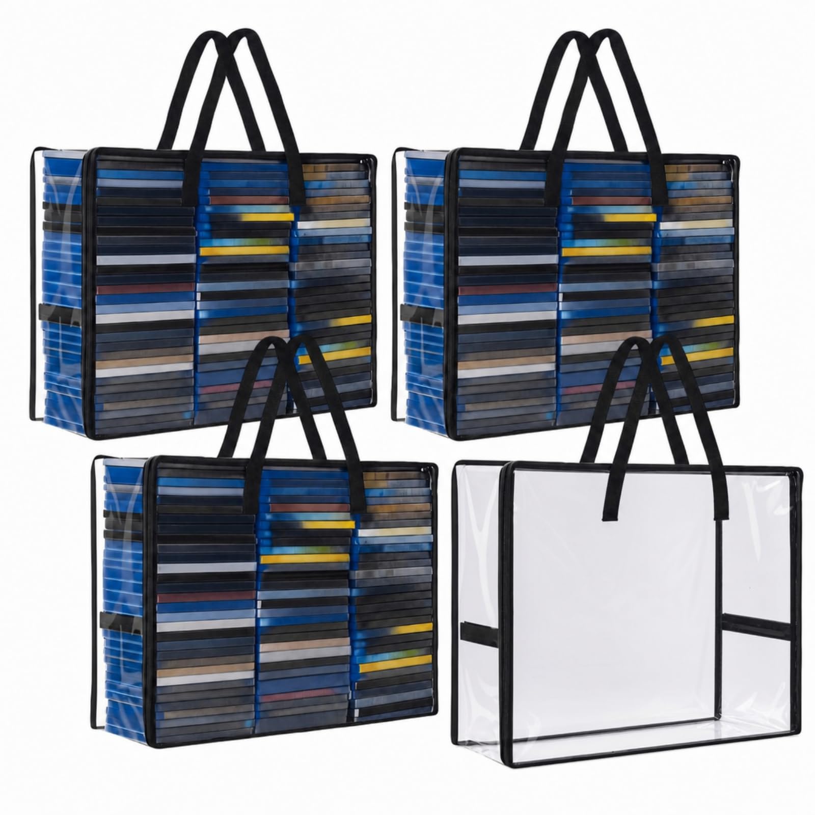 Set of 4 DVD Storage Bags, Blu Ray Case Holder Organizer Holds up to 90 Blu Ray Disc (360 Total), Clear Plastic Video Game Storage with Carrying Handles and Zipper, Media Organizer Bag for Movie VHS-image-48