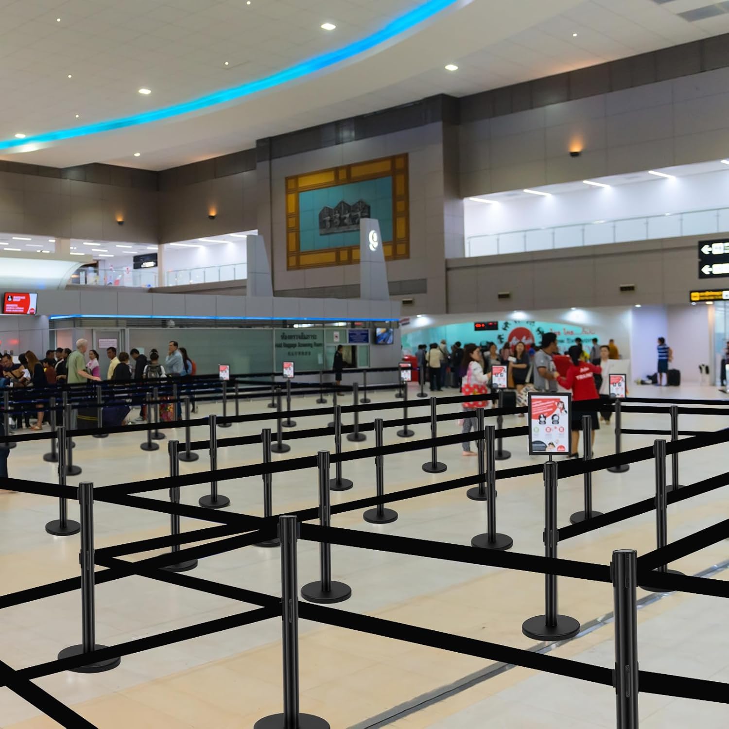 Therwen 6 Pcs Crowd Control Stanchions Set, Double Retractable Safety Belt, Heavy Duty Stainless Steel Crowd Control Barrier, Solid Metal Base, Easy Connect Assembly (16.4 ft,Black)