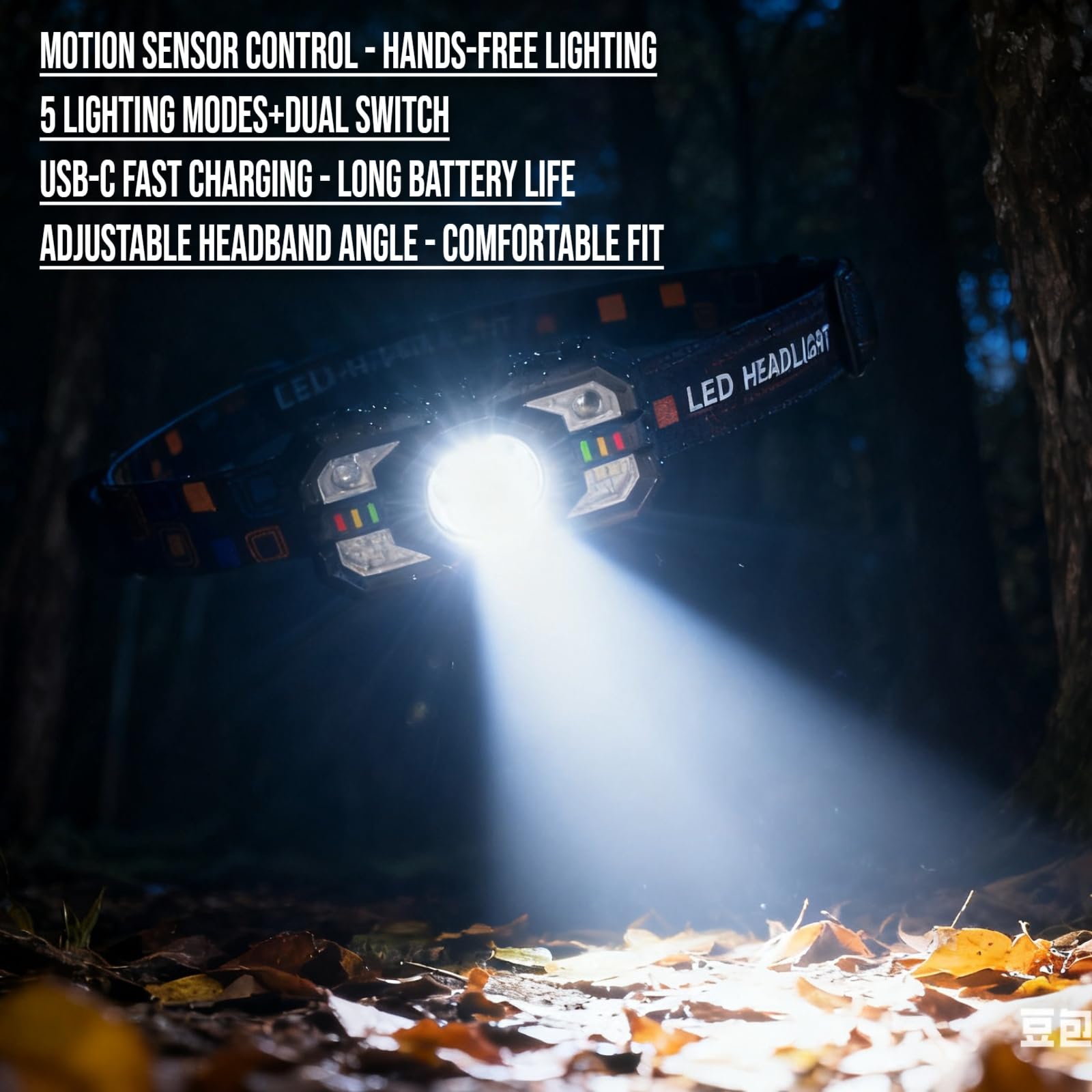 Wiederaufladbare Stirnlampe mit Bewegungsmelder, 5 Lichtmodi, USB-C Schnellladung - Verstellbares Kopfband für Outdoor-Wandern, Nachtangeln, Camping, Freihändige Beleuchtung