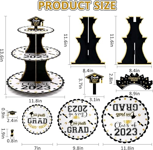 Miniatura 5 de Class of 2023 - Juego de soportes de cartón para magdalenas, 26 unidades, color negro, dorado, blanco, de 3 niveles, para magdalenas, forros para