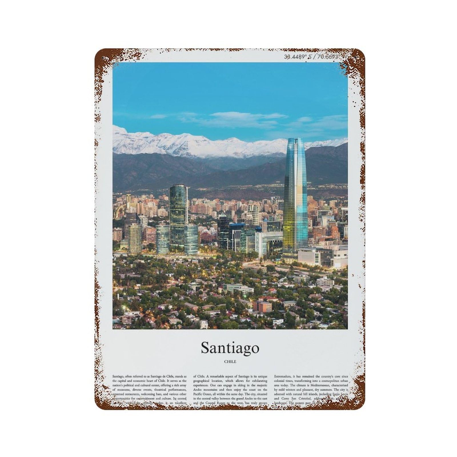 xiaoxiaoshen Santiago Chile City Scenery Wall Decor Art Metal Tin Poster Modern Home Decor Art Home Bar Shop Decorations Vintage Sign 40x30cm