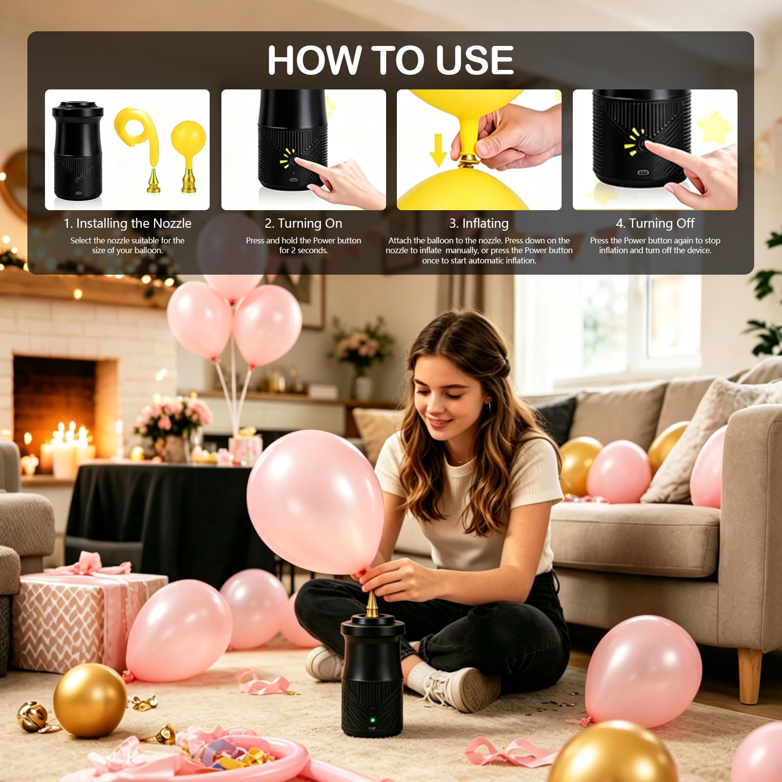 Inflador Globos Eléctrico Portátil, Hinchador Globos Electrico con Batería de 2000 mAh y 3 Boquillas, Bomba Aire Globo Eléctrica para Fiestas Bodas Cumpleaños Actividades y Decoración Festivales