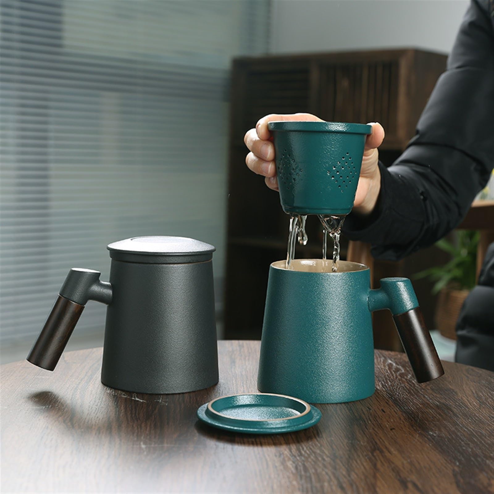 Tasse à thé en céramique avec Couvercle et Filtre, poignée en Bois, pour Le Bureau, Le café, Le Lait, Les Boissons, Le thé