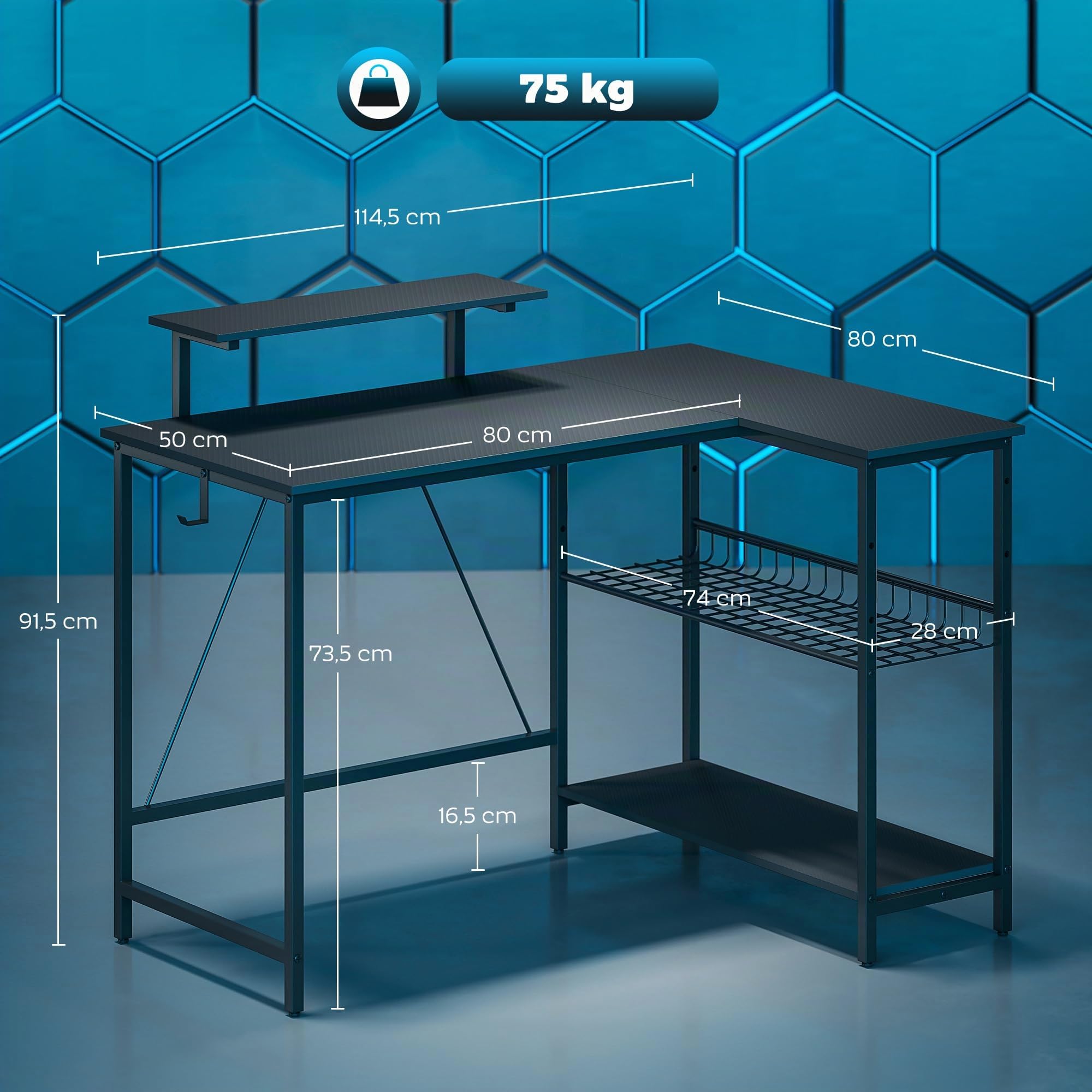 HOMCOM Bureau Gaming réversible 114,5 x 82 cm avec Support pour Écran Noir