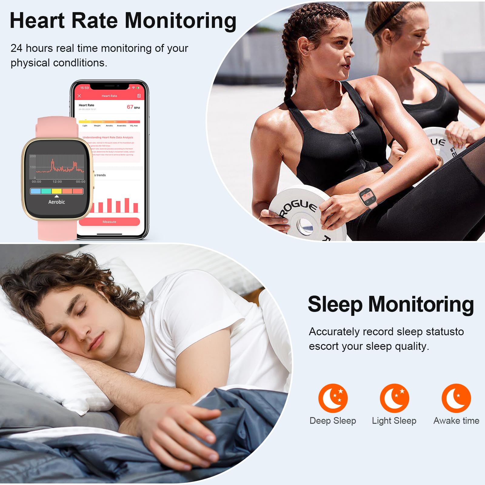 Smartwatch Uomo Donna, 1.85" Orologio Smartwatch Rispondi/Effettua Chiamate, 112 Sportivo, Impermeabil IP68 Sportivo Watch con Sonno/Cardiofrequenzimetro, Fitness Smart watch per Android iOS, rosa