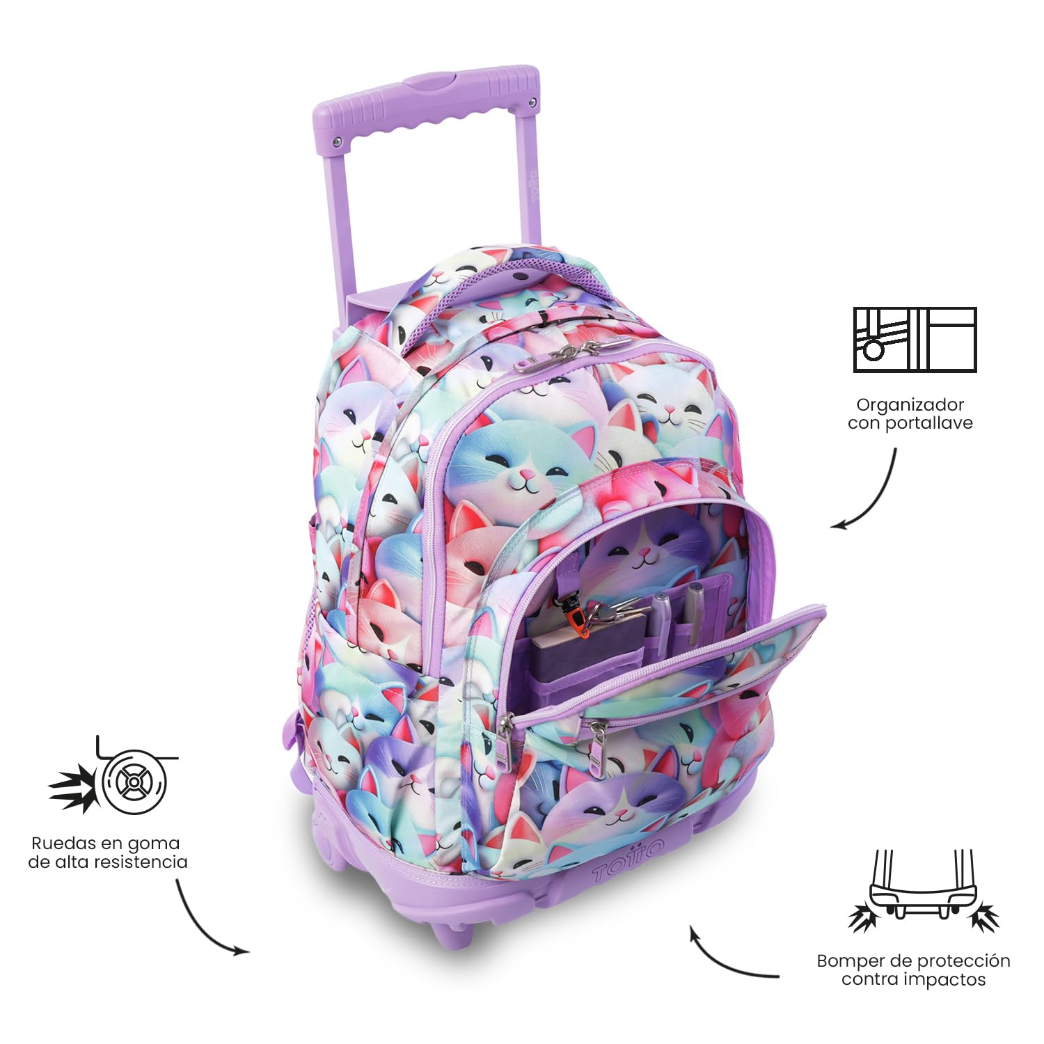 TOTTO Mochila Escolar con Ruedas Renglones 26,21 Litros Bolsillo PC 15,4" Resistente Estampado Mewsy 3D