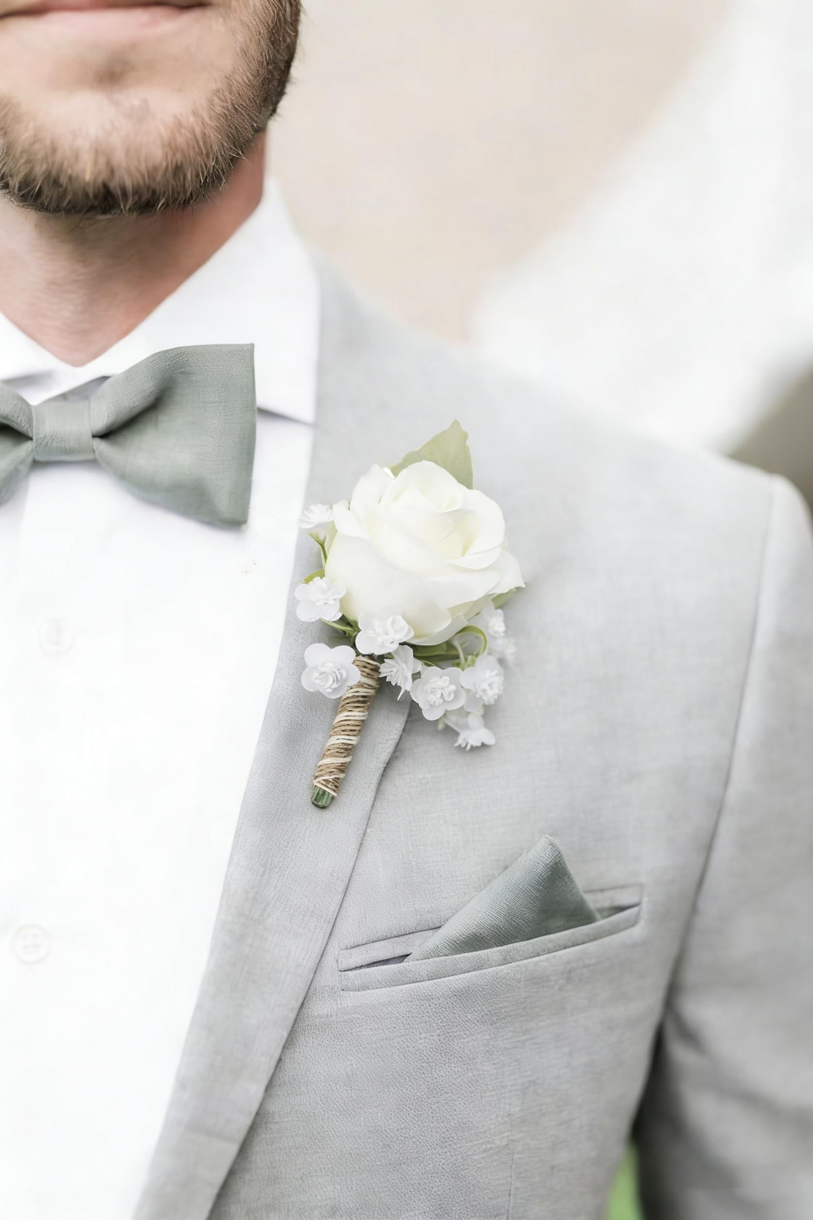 Set 10 Fiori All'Occhiello Per Matrimonio | Bianco | Sposo E Testimoni | Fiori Finti Di Schiuma E Seta Con Spilla