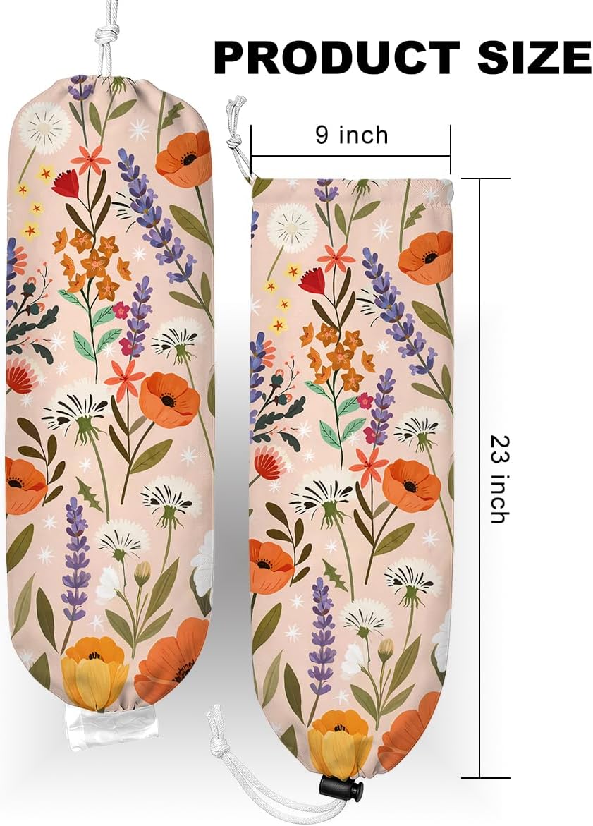 Floral Washable Plastic Bag Holder, Reusable Wall Mount Grocery Bag Organizer for Home Kitchen Pantry Decor, Free Adjustment with Drawstring, Housewarming Gifts for Women Mom Grandma