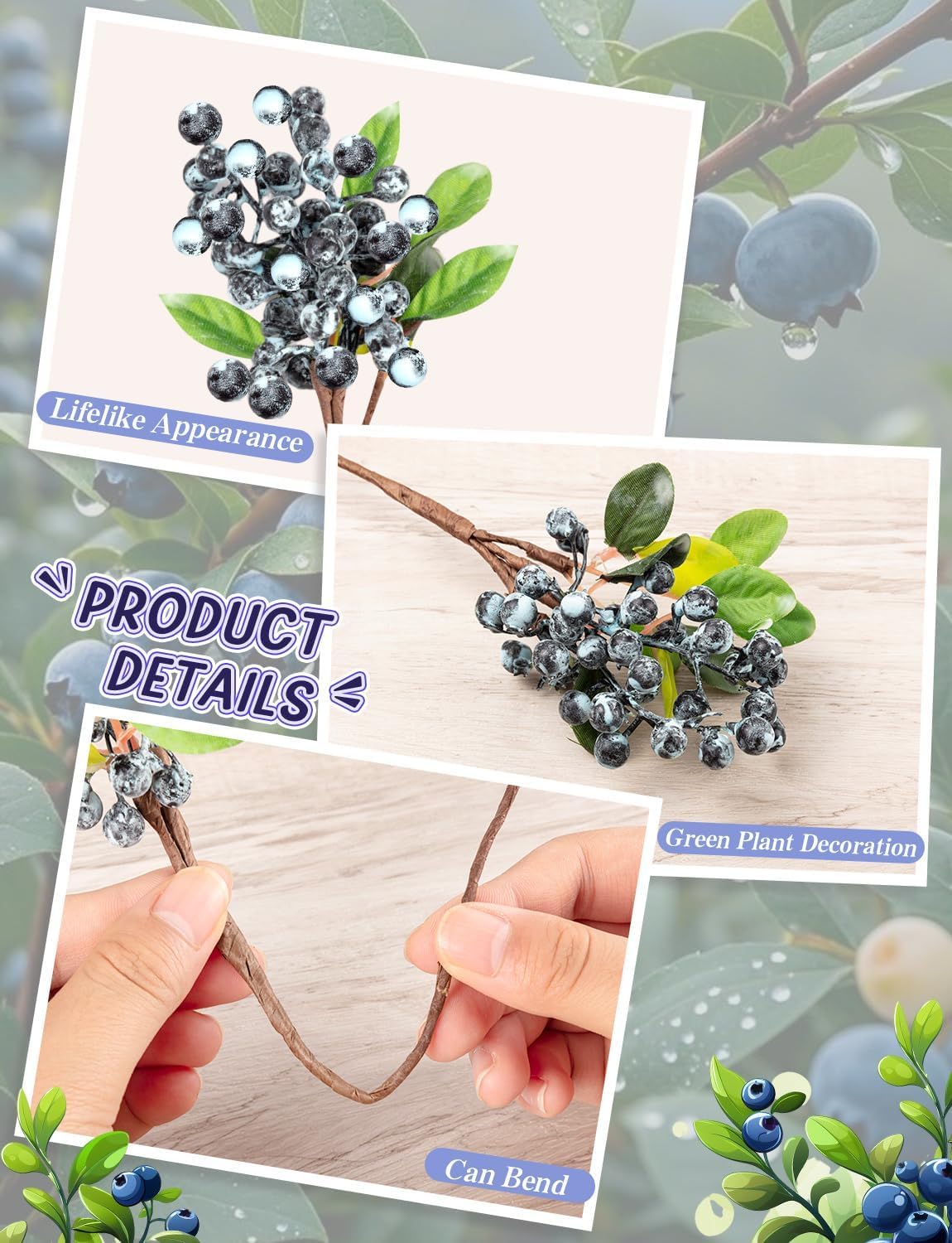 6Pcs Artificial Fake Blueberries Blueberry Stems for Home Party Decorations