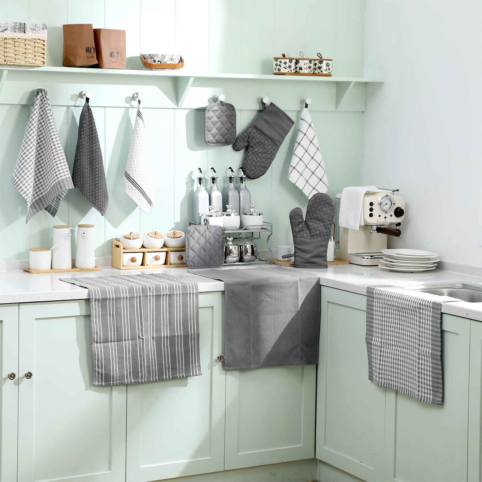 LemonRoad Juego de 12 manoplas de horno, paños de cocina con soportes para ollas, juegos de toallas de cocina, guantes de horno, almohadillas resistentes al calor con silicona para cocina, cocinar y