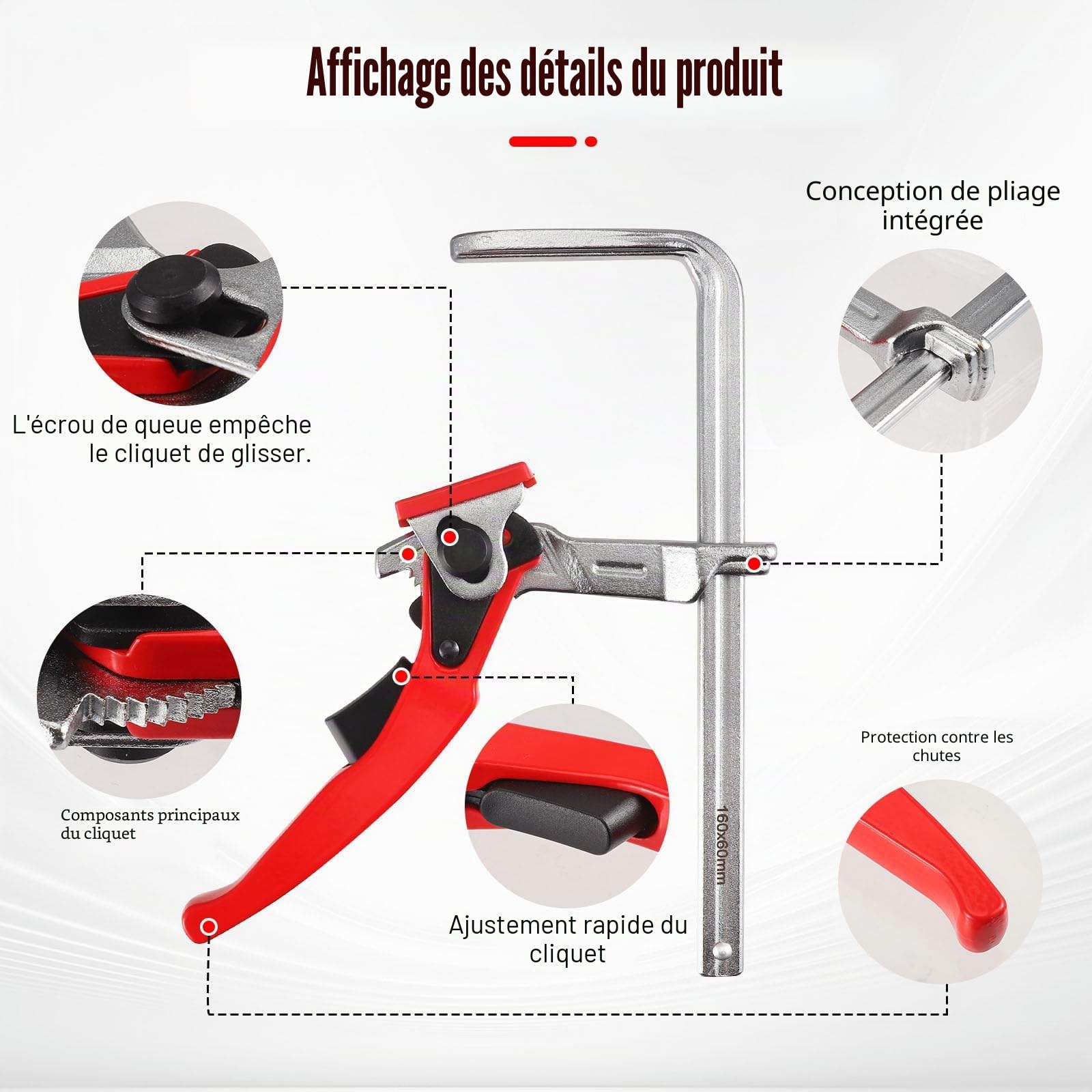 2 Pièces Serre Joint, Serre Joint Rail de Guidage Menuisier avec Capacité de 160mm et Profondeur de Gorge de 60mm Pince de Serrage à Dégagement Rapide Ponçage Meulage et Coupe