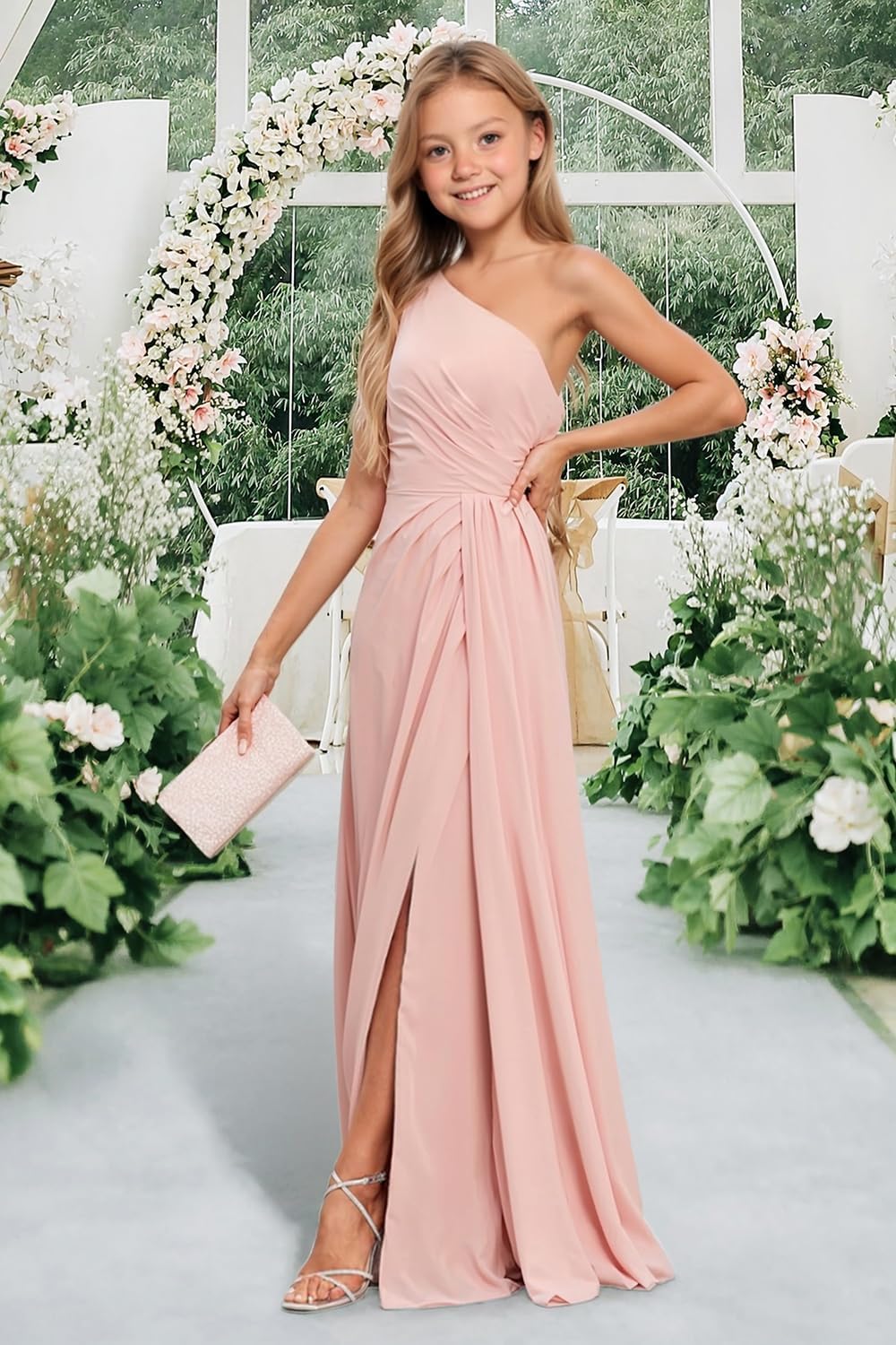 Junior Bridesmaid Dresses Chiffon One Shoulder Flower Girl Dress for Teen Long Party Pageant Gowns