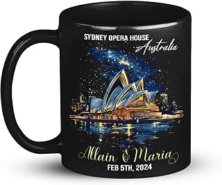 Sydney Opera House Coffee Mug, Custom Name And Date Black Mug, Australia Landmark Ceramic Cup, Personalized Night Landscape Mug For Couples, Customized Travel Lover Cup 11oz 15oz