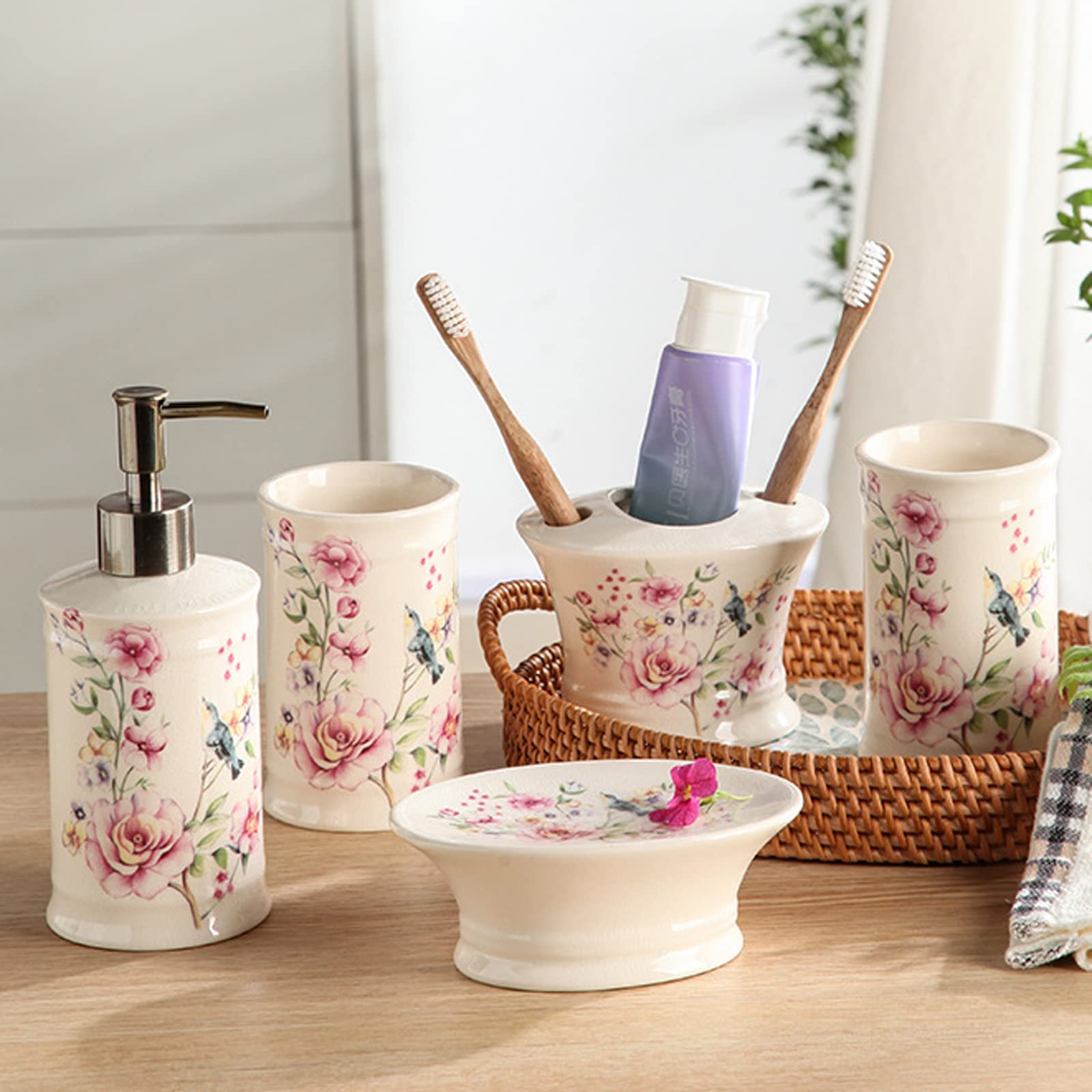 Juego de Accesorios de baño Retro Hecho a Mano, Incluye dispensador de jabón, Vaso, Soporte para Cepillo de Dientes, con patrón, pájaro, 5 Piezas