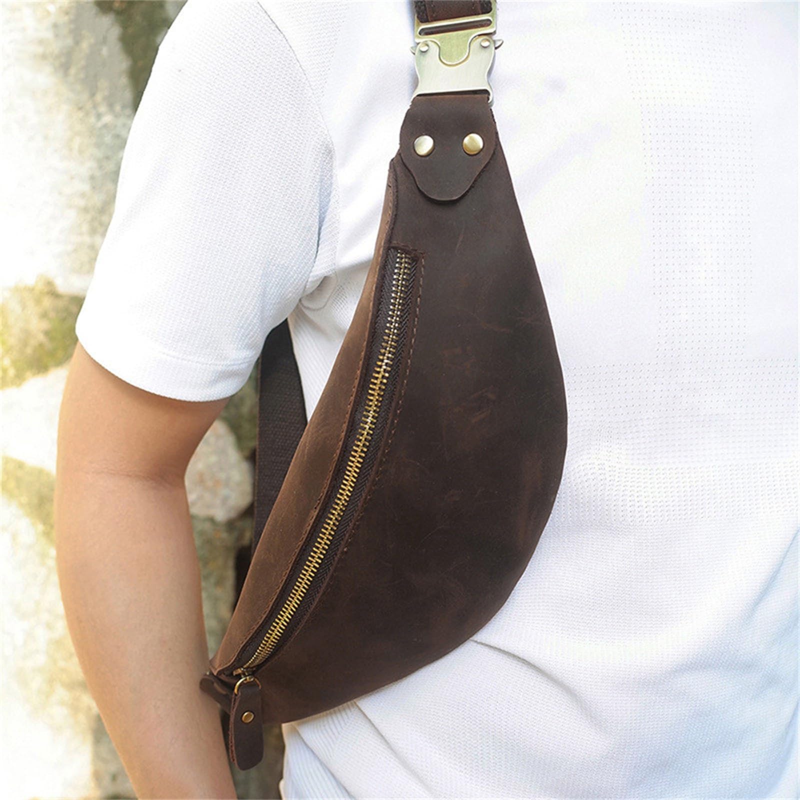 Talia nerka męska torba vintage skórzana talia crossbody klatka piersiowa do podróży biegania treningu, Kawa, 35x7x11.5cm, Jeden styl