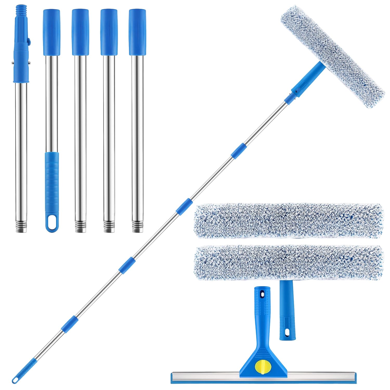 Lavavetri Con Manico Telescopico (215cm), 2 in 1 Con Tergivetro in Silicone + Lavavetri in Microfibra, Strumenti per la Pulizia dei Vetri per Bagno, Doccia, Specchi, Auto, Vetro, Finestre