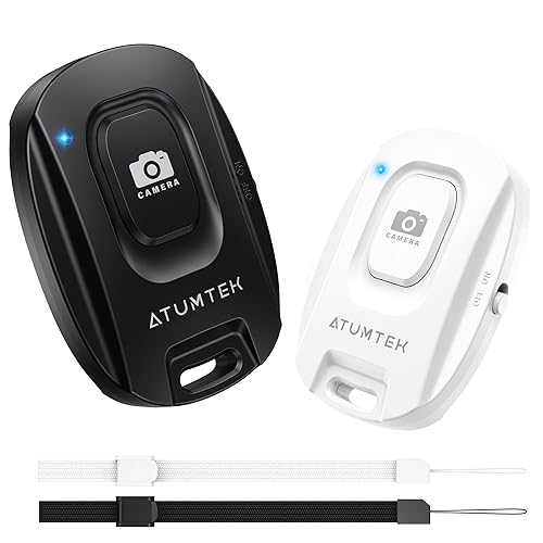 ATUMTEK Camera Remote Shutter for iPhone and Android Smartphones (2 Pack), Wireless Phone Remote Control Selfie Button for Photos and Videos (Bluetooth 5.2), Wrist Strap Included, Black & White - Black & White