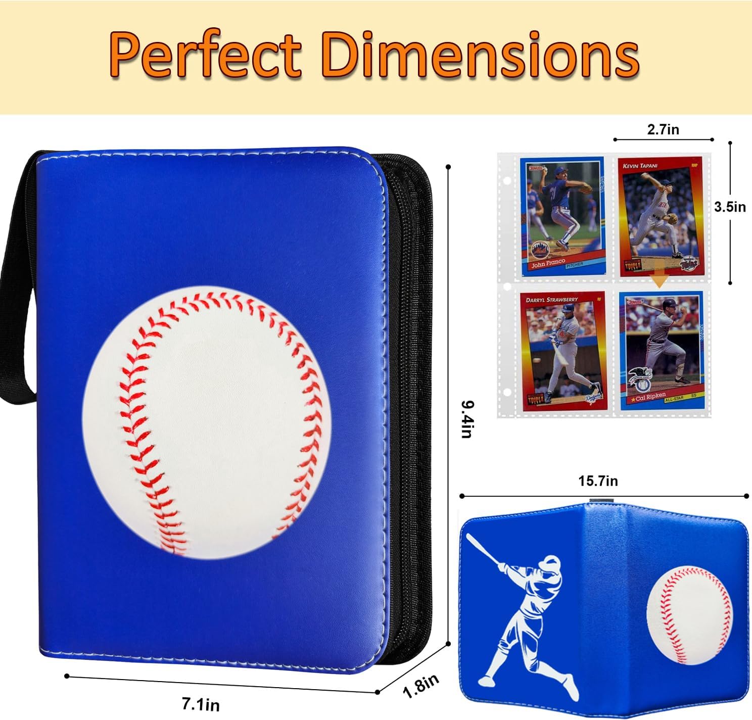 Baseball Card Binder 440 Pockets, 55 Sleeves Baseball Card Book 3 Ring, Zipper Trading Card Holder 4 Pocket, Small Collector Album Folder Case Protector, Blue Sports Collection Storage Organizer Gift