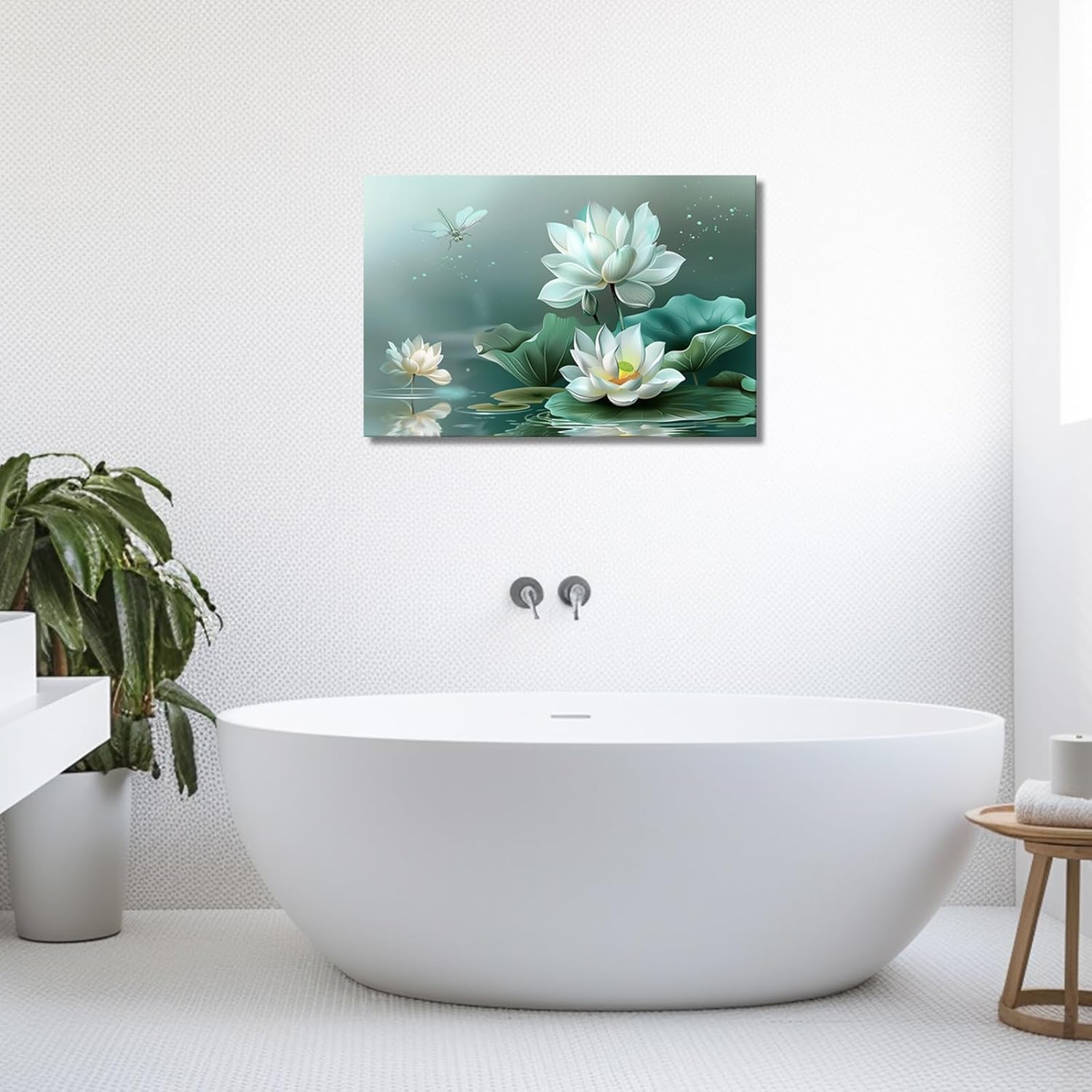 SWQYLB Zen Bathroom Wall Decor Lotus Wall Art Water Lily with Dragonfly Canvas Prints Green Spa Paintings Meditation Spiritual Yoga Decor Framed (12.00" x 18.00")