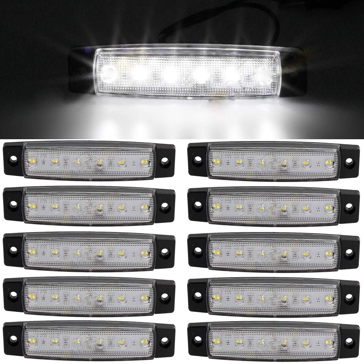 Boczne światła obrysowe LED, 6 diod LED, 2835 SMD, lampy obrysowe do ciężarówek, przyczep kempingowych, kamperów, ciągników, ciężarówek, SUV, łodzi, 12 V DC, odporne na wstrząsy (10 szt.