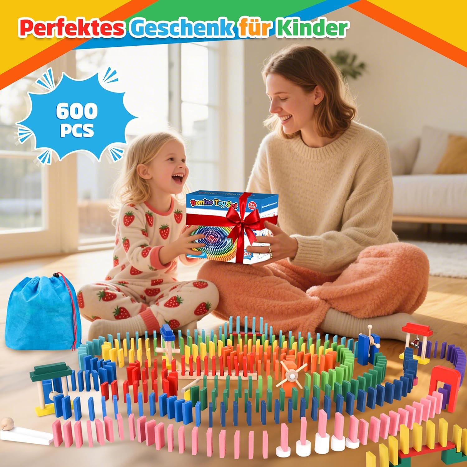Herefun Domino Madera Juego de Bloques, Juego de Fichas de Dominó de Madera con Bolsa, 24 Bloques de Construcción, Juguete Educativo para Niños 3 4 5 (300)