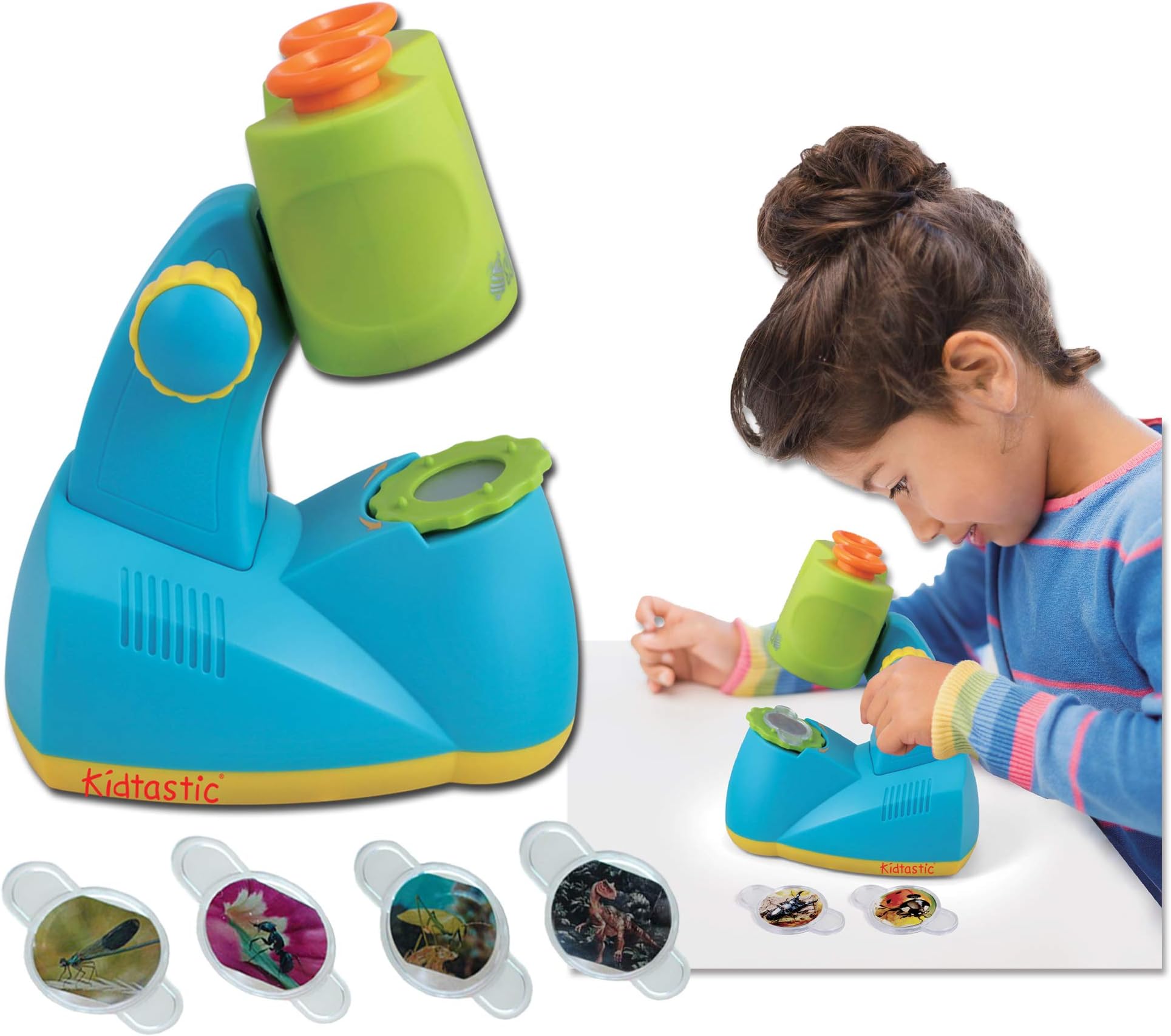 Kidtastic Microscope Science Kit for Kids – Fun Learning Toys for Preschoolers – STEM Toy for 3 Year olds – with 12 Slides Animals & Nature, 8X Zoom, LED Light – for Ages 3, 4, 5, 6 and up