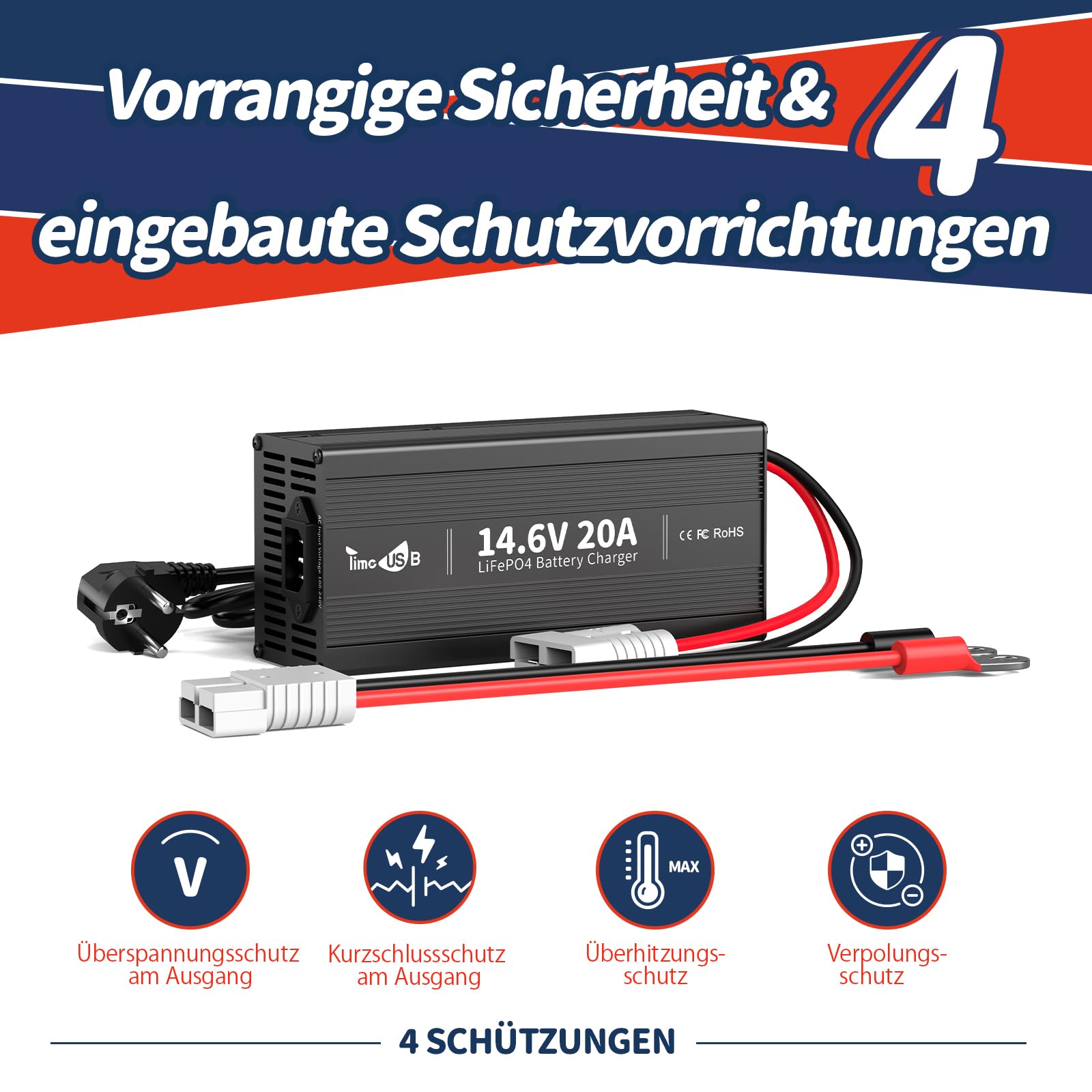 Timeusb LiFePO4 ladegerät 14,6V 20A Batterieladegerät 12V für Lithium-Eisenphosphat-Batterie, Schnelles Aufladen LiFePO4 Akku-Ladegerät mit Erhaltungsladefunktionen Kompaktes Design mit vollem Schutz