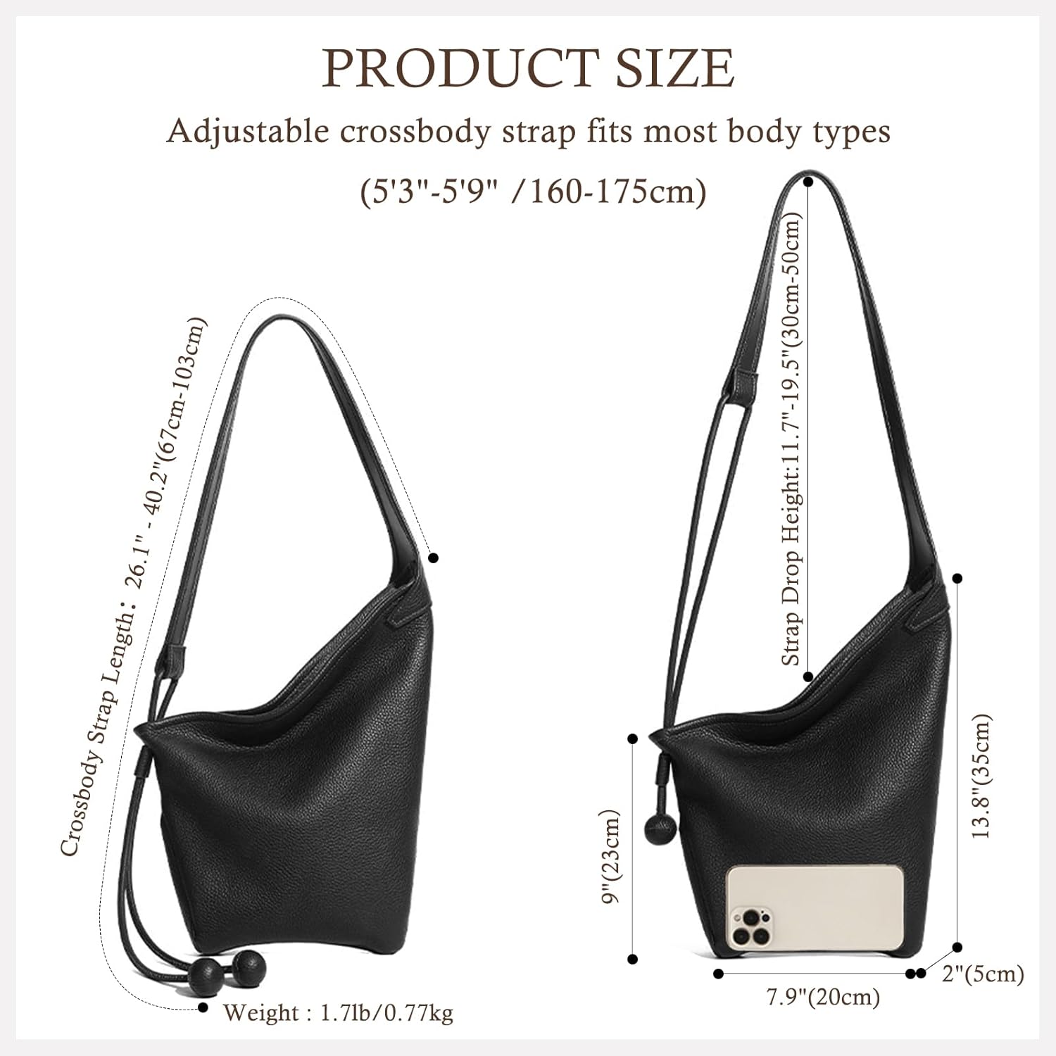 Hobo Bags for Women, Genuine Leather Tote Bag, Slouchy Shoulder Purse, Crossbody Bags for Everyday Travel