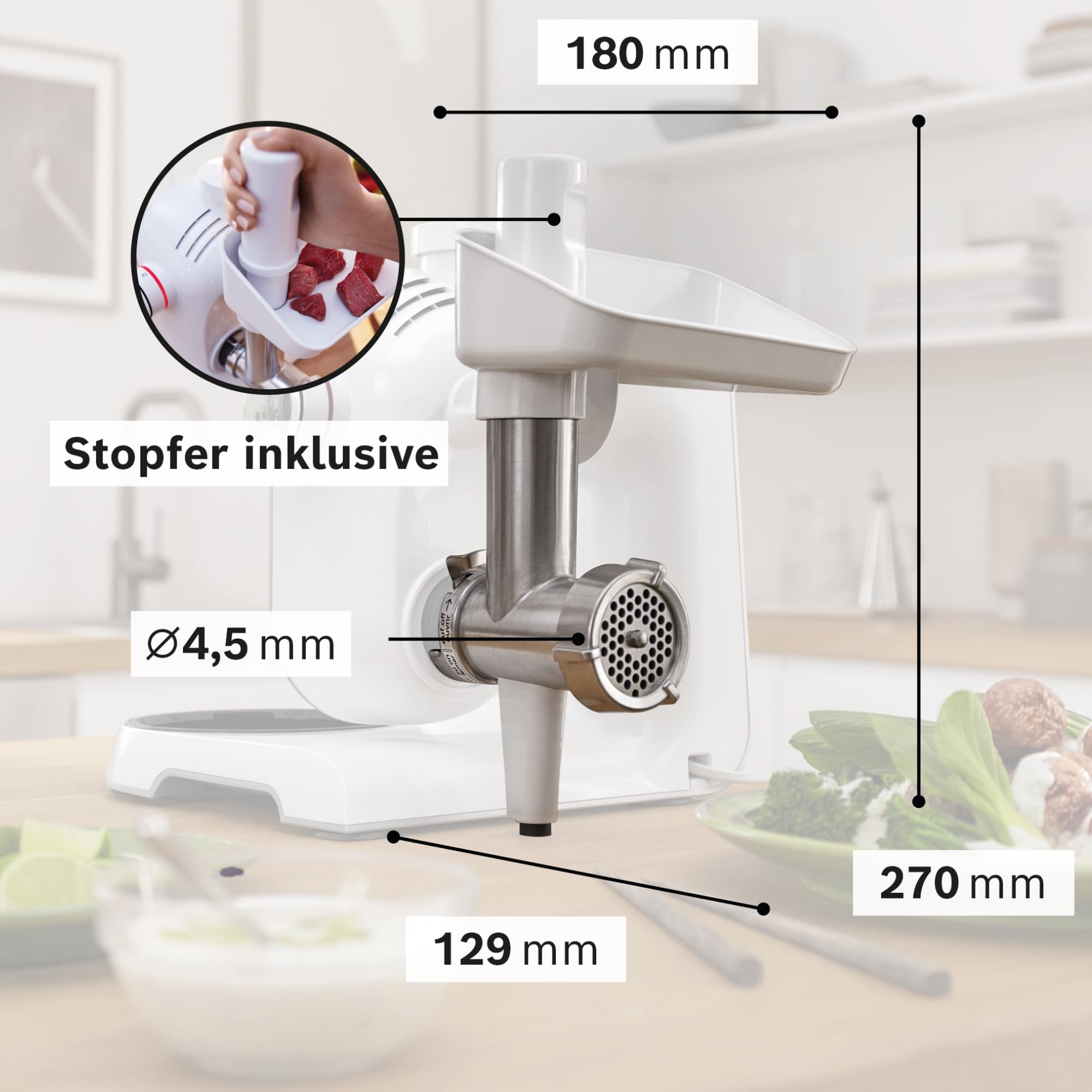 Bosch Zubehör-Set BakingSensation MUZ5BS1, Fleischwolf, Kunststoffschüssel, Spritzgebäck-Vorsatz, Loch-Scheibe, passend für Küchenmaschine Serie 4, vier Keks Formen, spülmaschinenfest, Edelstahl