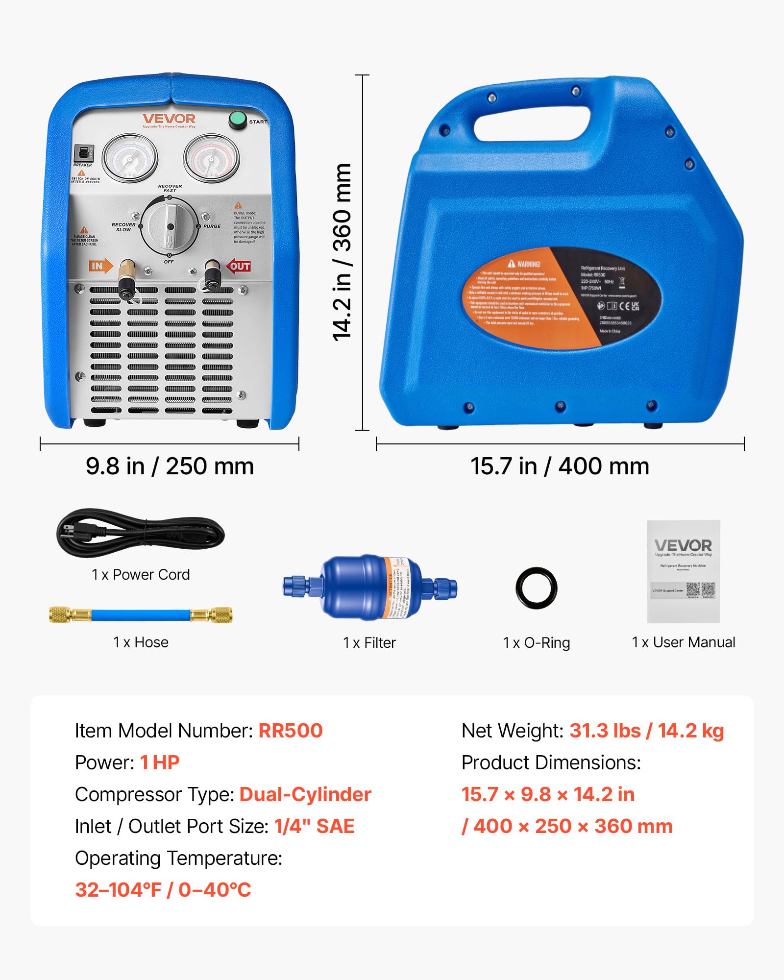 VEVOR Máquina Portátil de Recuperación de Refrigerante 1 HP, Máquina de Recuperación con Protección de Alta Presión 3,5 kg/min Velocidad de 1450 RPM, Cilindro Doble, para Sistemas de Climatización