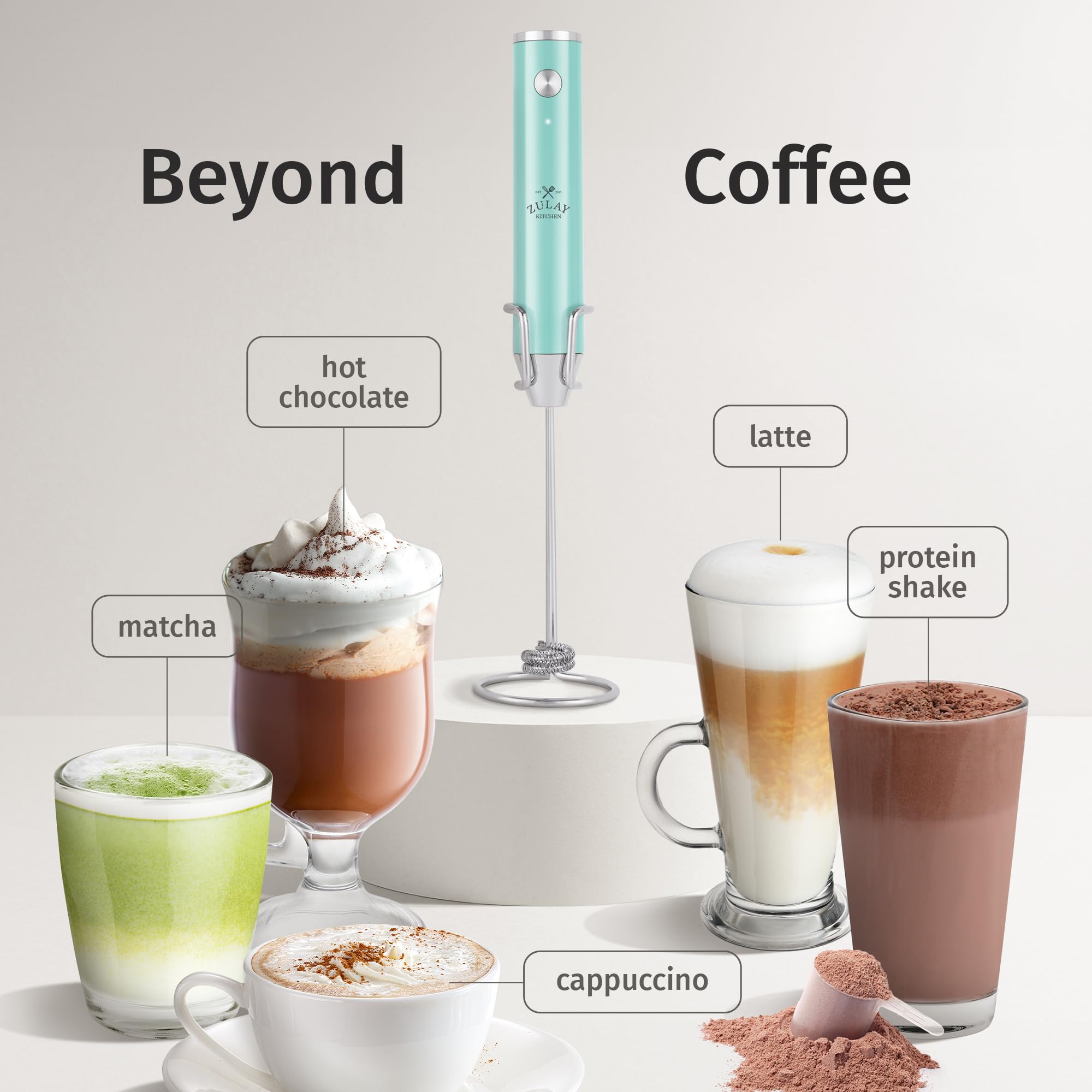 Zulay Kitchen Espumador de leche recargable de mano, varita espumadora, mezclador de bebidas, espumador eléctrico, para capuchinos, matcha y proteína en polvo, doble batidor de 2 velocidades