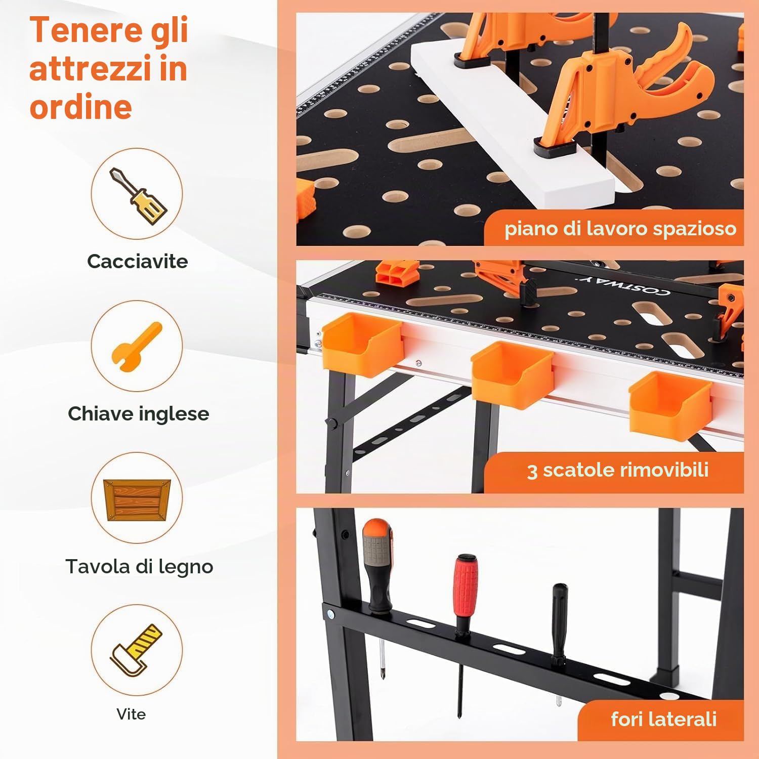 FANTASK Tavolo da lavoro pieghevole, portata fino a 454 kg, tavolo degli attrezzi per garage officina, banco da lavoro con 2 morsetti rapidi, 4 ganci a morsetto, 3 cassette degli attrezzi e telaio in